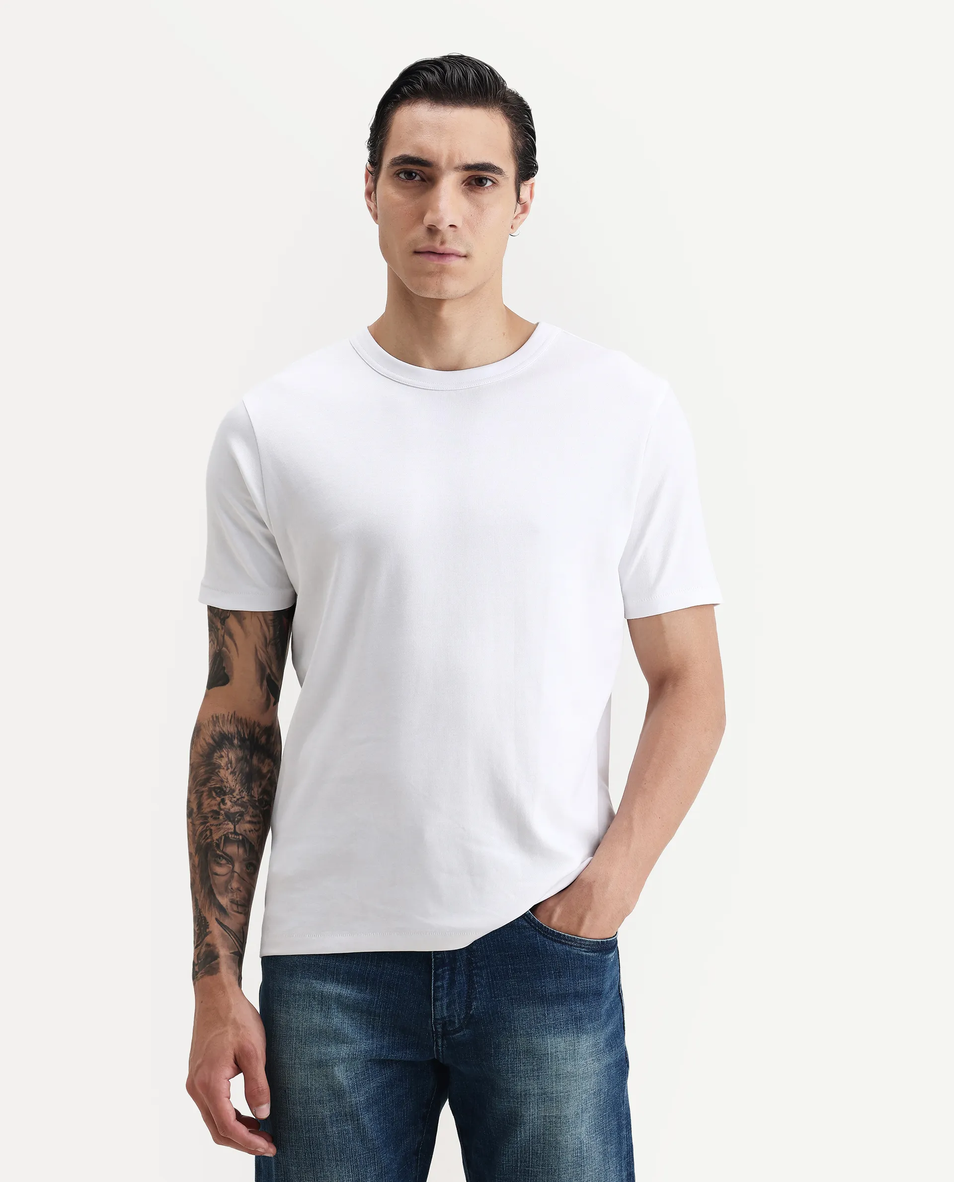 Rare Rabbit Men's Volt White Cotton Plain Regular Fit Half Sleeve Crew Neck T-Shirt - Image 8