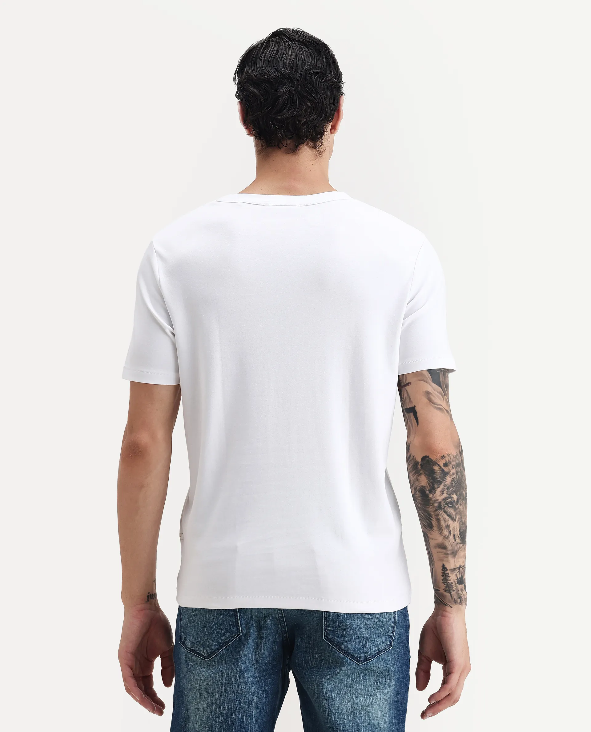 Rare Rabbit Men's Volt White Cotton Plain Regular Fit Half Sleeve Crew Neck T-Shirt - Image 9