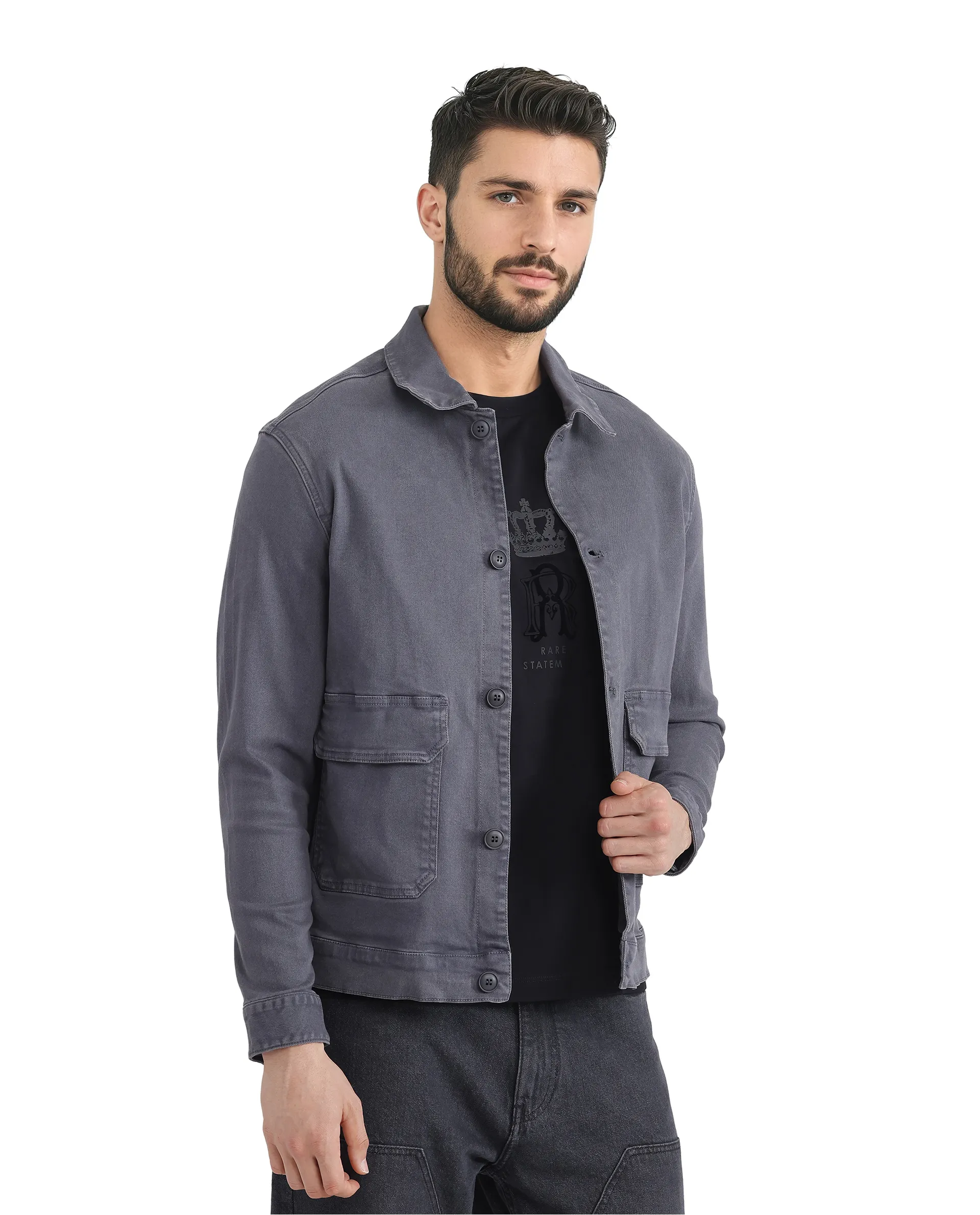 Rare Rabbit Men's Volta Dark Grey Cotton Plain Regular Fit Full Sleeve Spread Collar Jacket