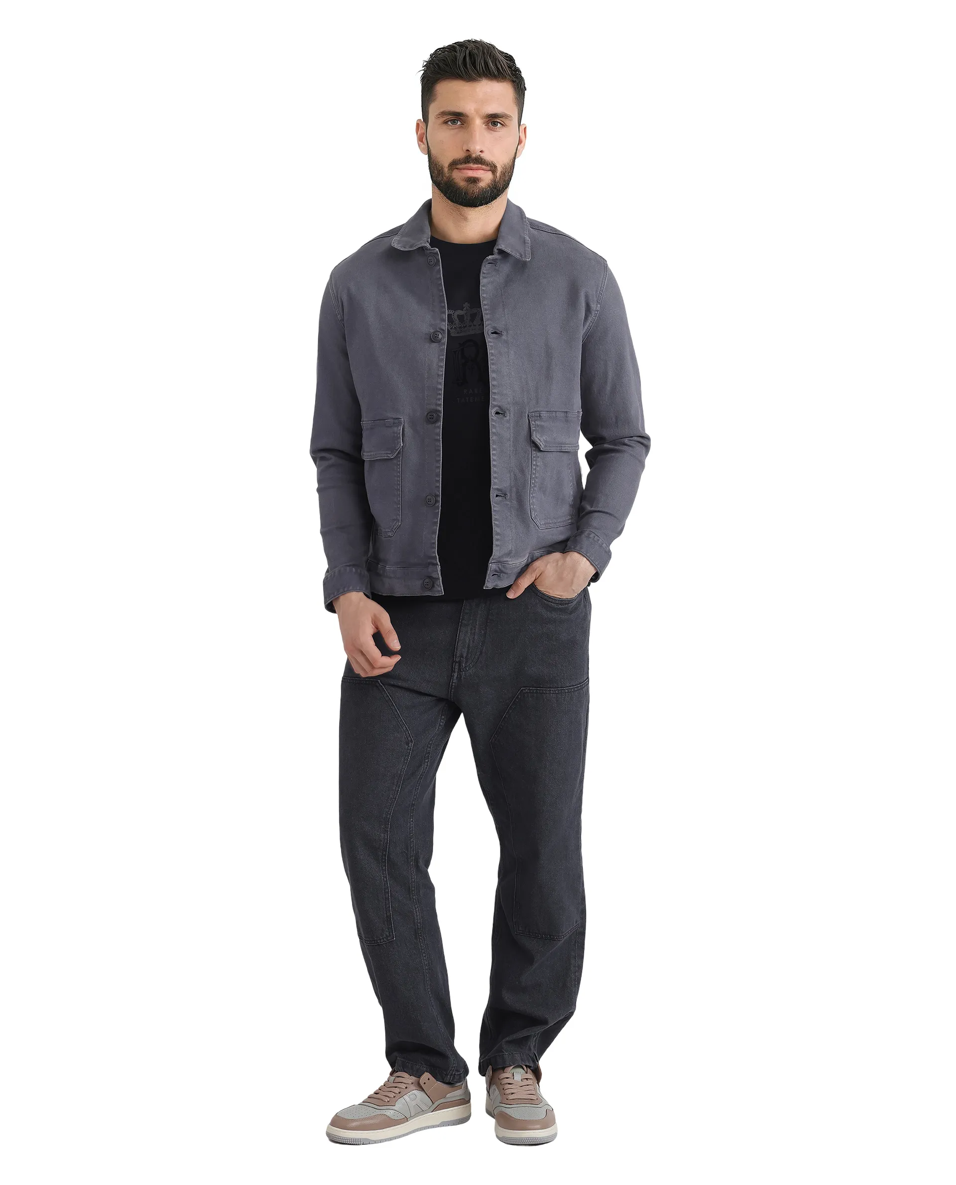 Rare Rabbit Men's Volta Dark Grey Cotton Plain Regular Fit Full Sleeve Spread Collar Jacket - Image 2
