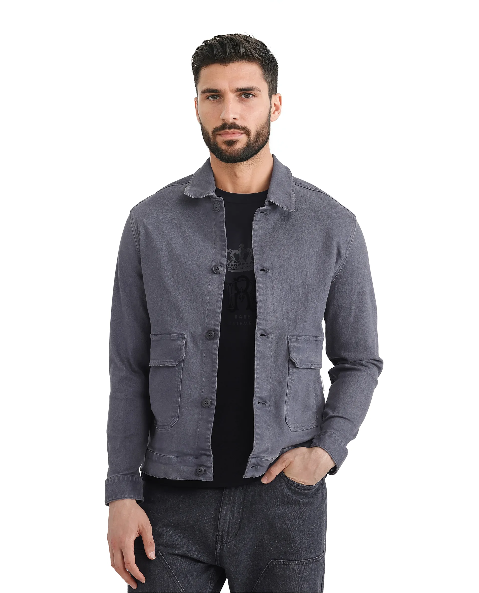 Rare Rabbit Men's Volta Dark Grey Cotton Plain Regular Fit Full Sleeve Spread Collar Jacket - Image 5