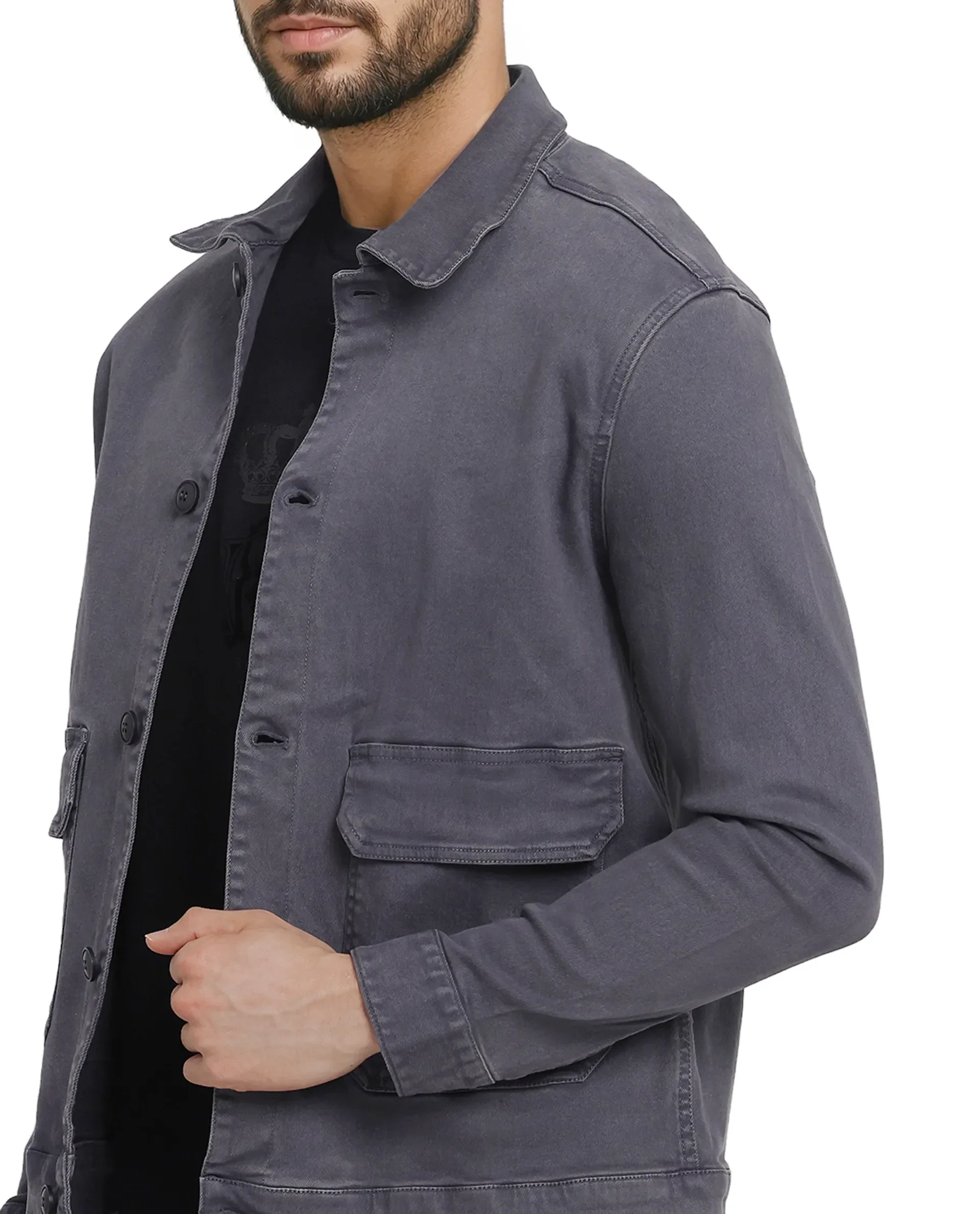 Rare Rabbit Men's Volta Dark Grey Cotton Plain Regular Fit Full Sleeve Spread Collar Jacket - Image 6