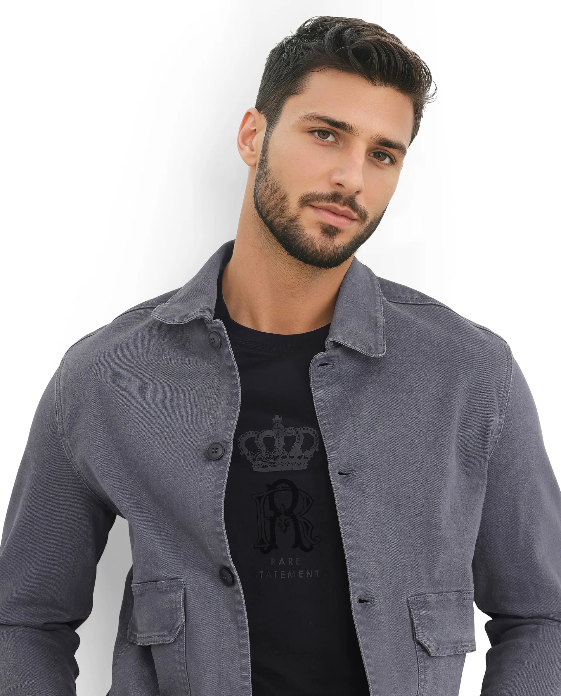 Rare Rabbit Men's Volta Dark Grey Cotton Plain Regular Fit Full Sleeve Spread Collar Jacket - Image 8