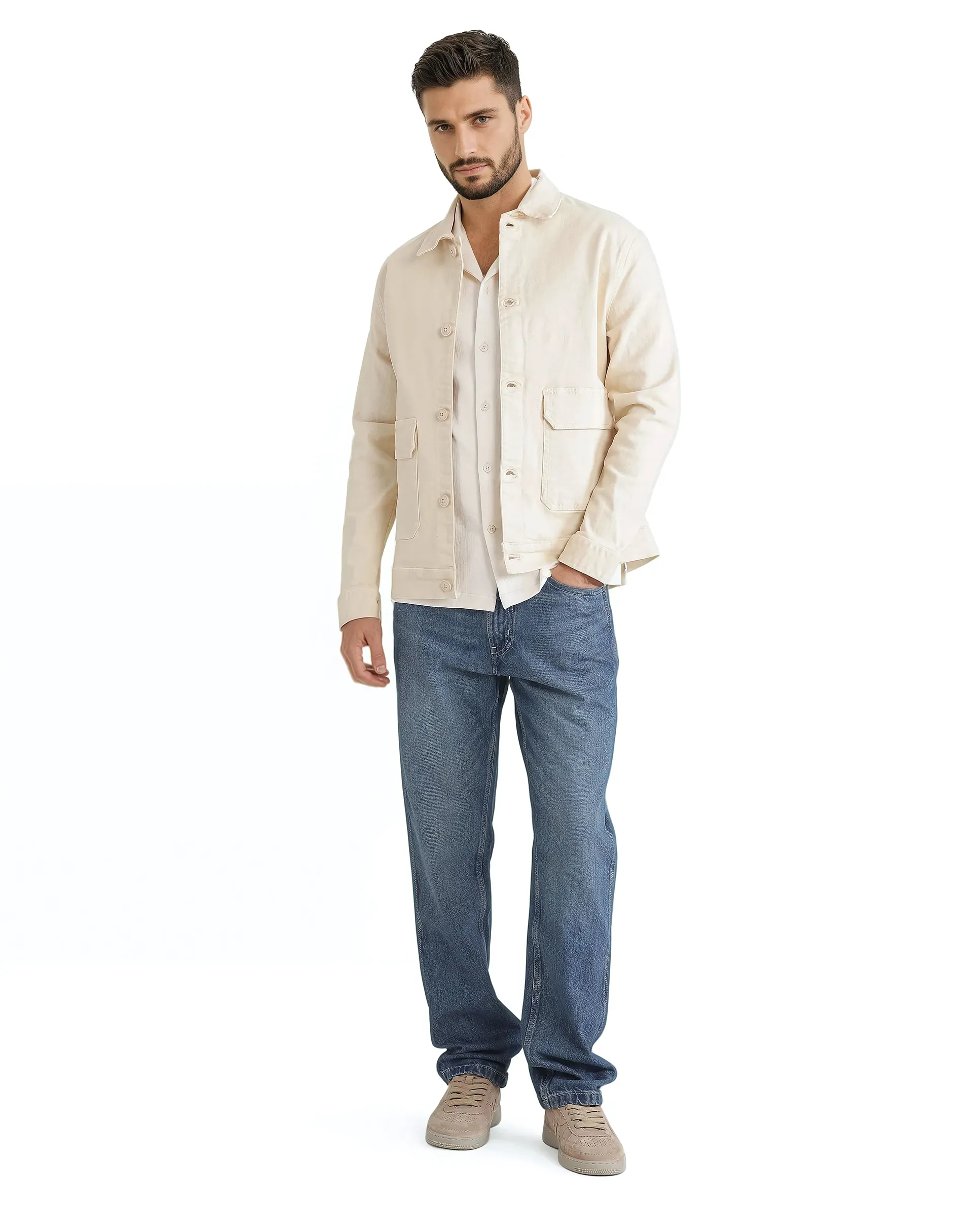 Rare Rabbit Men's Volta Off White Cotton Plain Regular Fit Full Sleeve Spread Collar Jacket - Image 2