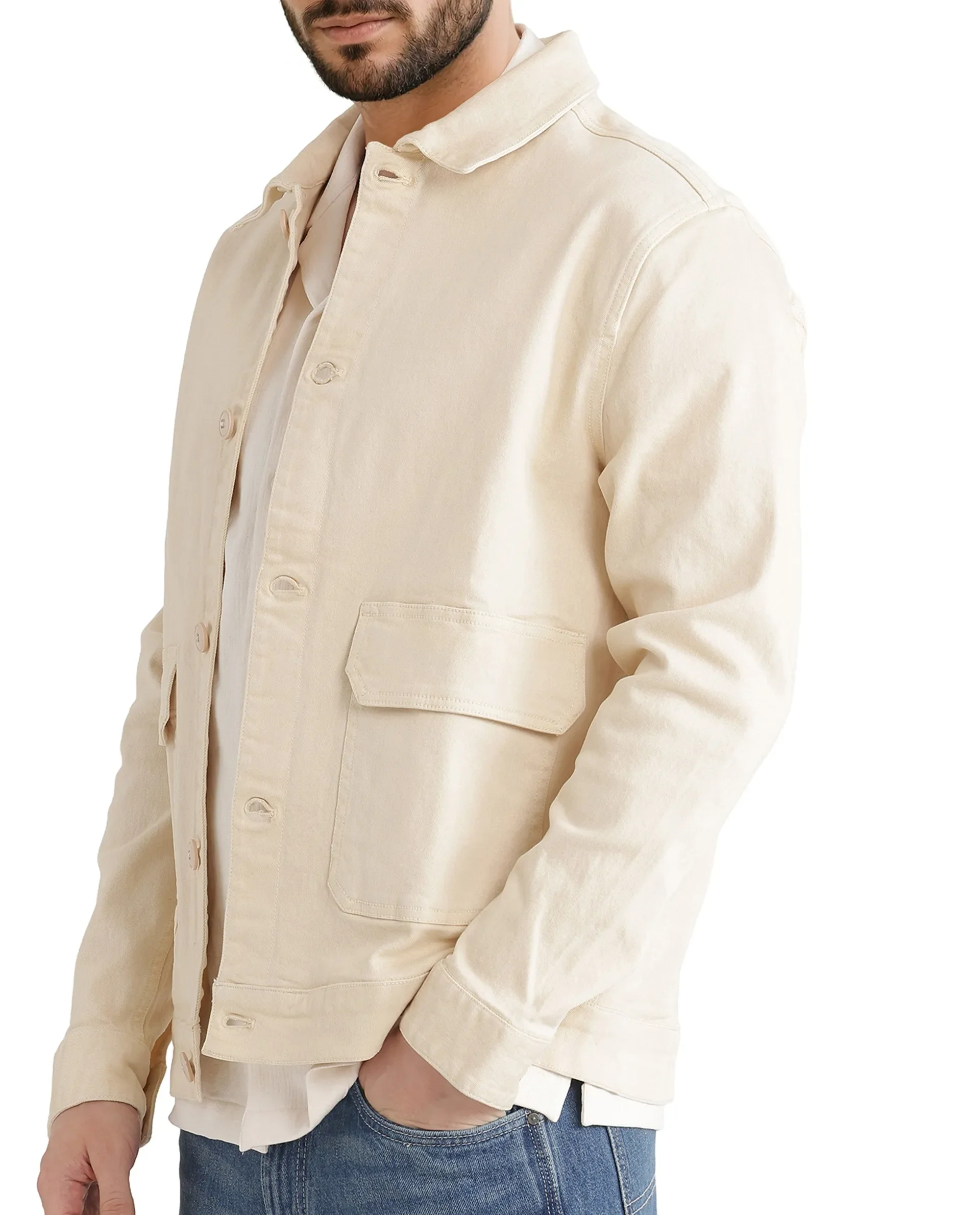 Rare Rabbit Men's Volta Off White Cotton Plain Regular Fit Full Sleeve Spread Collar Jacket - Image 3