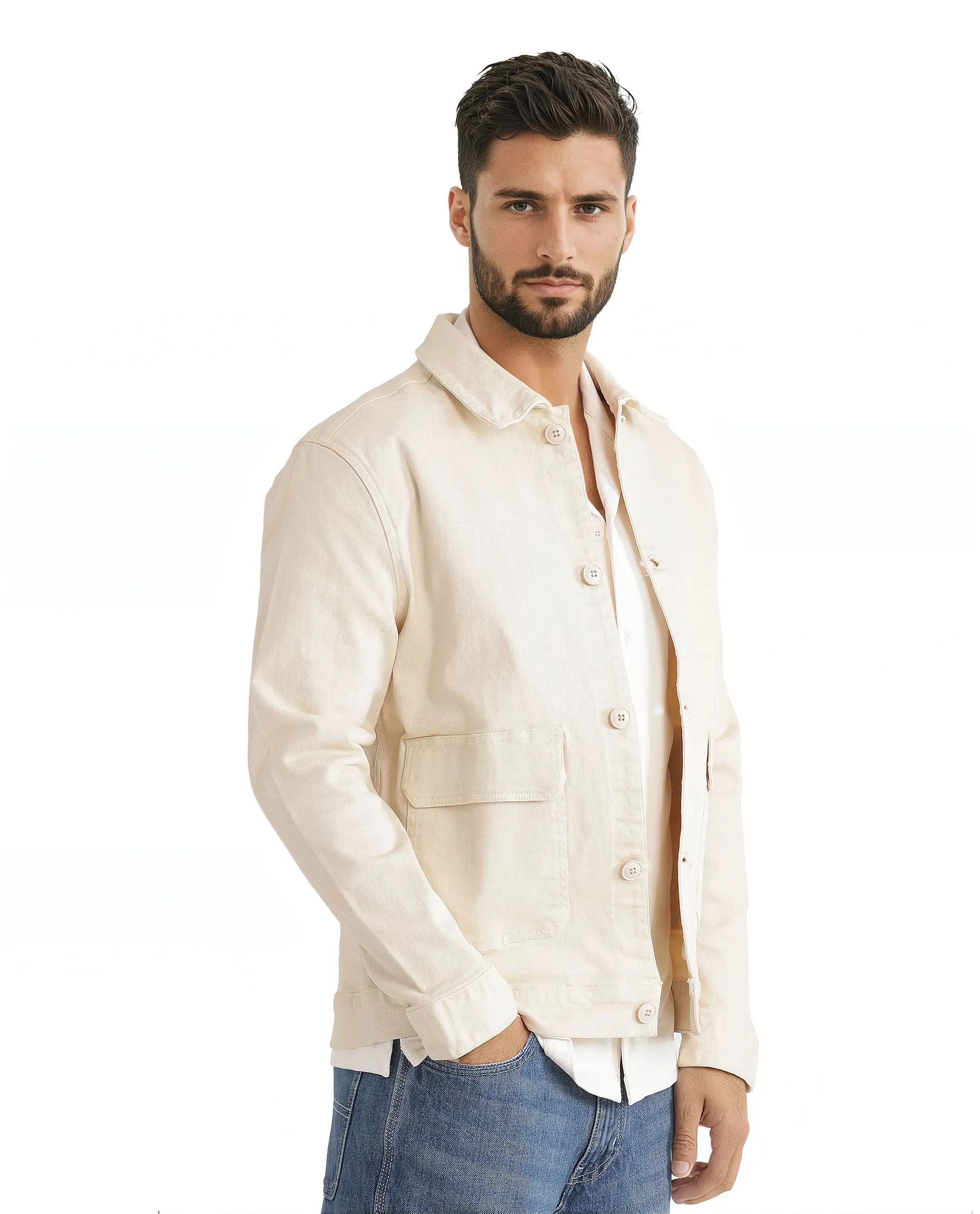 Rare Rabbit Men's Volta Off White Cotton Plain Regular Fit Full Sleeve Spread Collar Jacket - Image 5