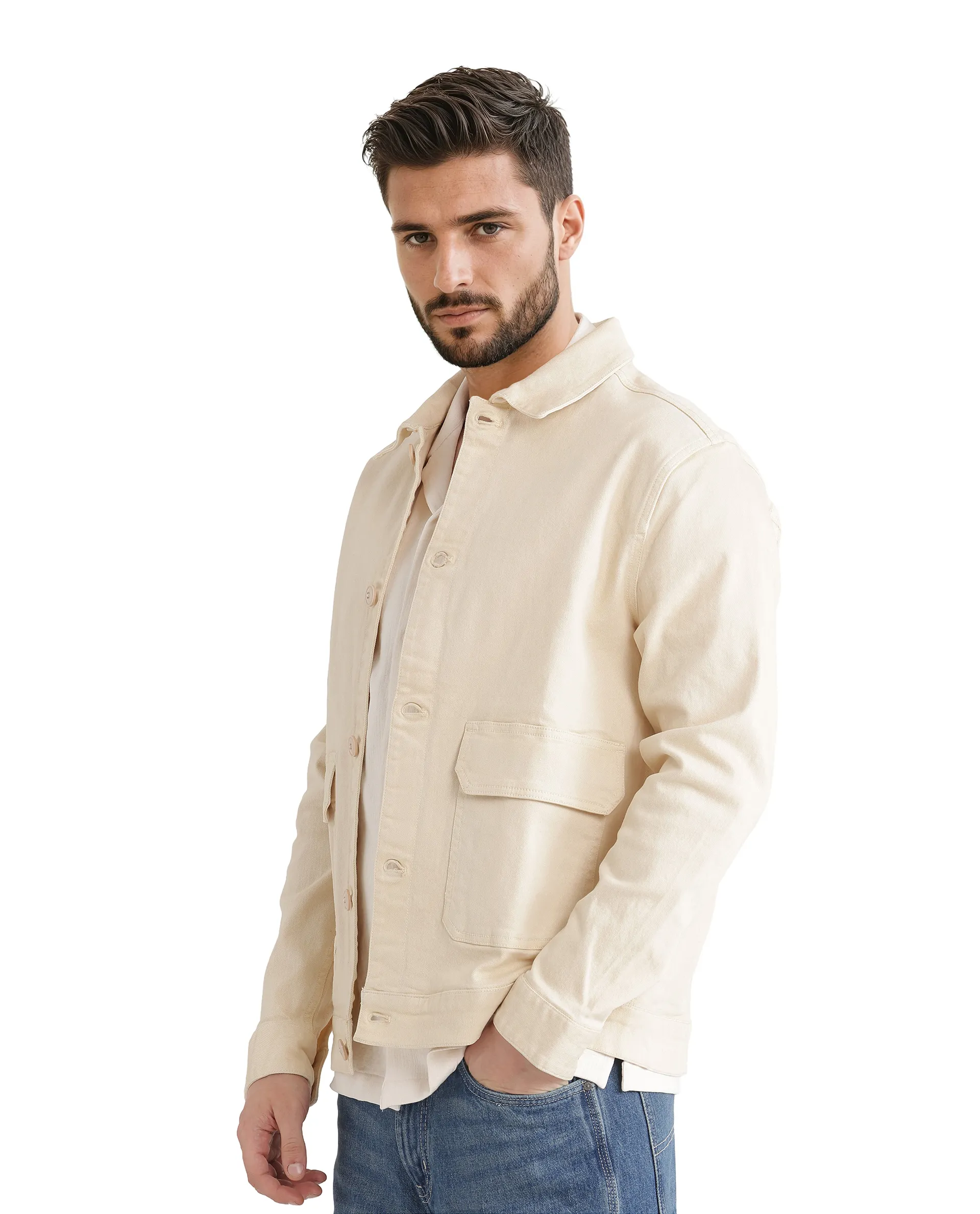 Rare Rabbit Men's Volta Off White Cotton Plain Regular Fit Full Sleeve Spread Collar Jacket - Image 6