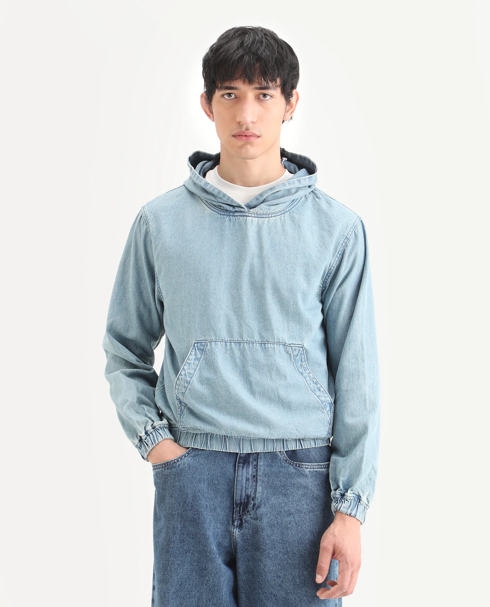 Rare Rabbit Men's Voltas Light Blue Cotton Plain Oversized Fit Full Sleeve Hooded Sweatshirt - Image 3