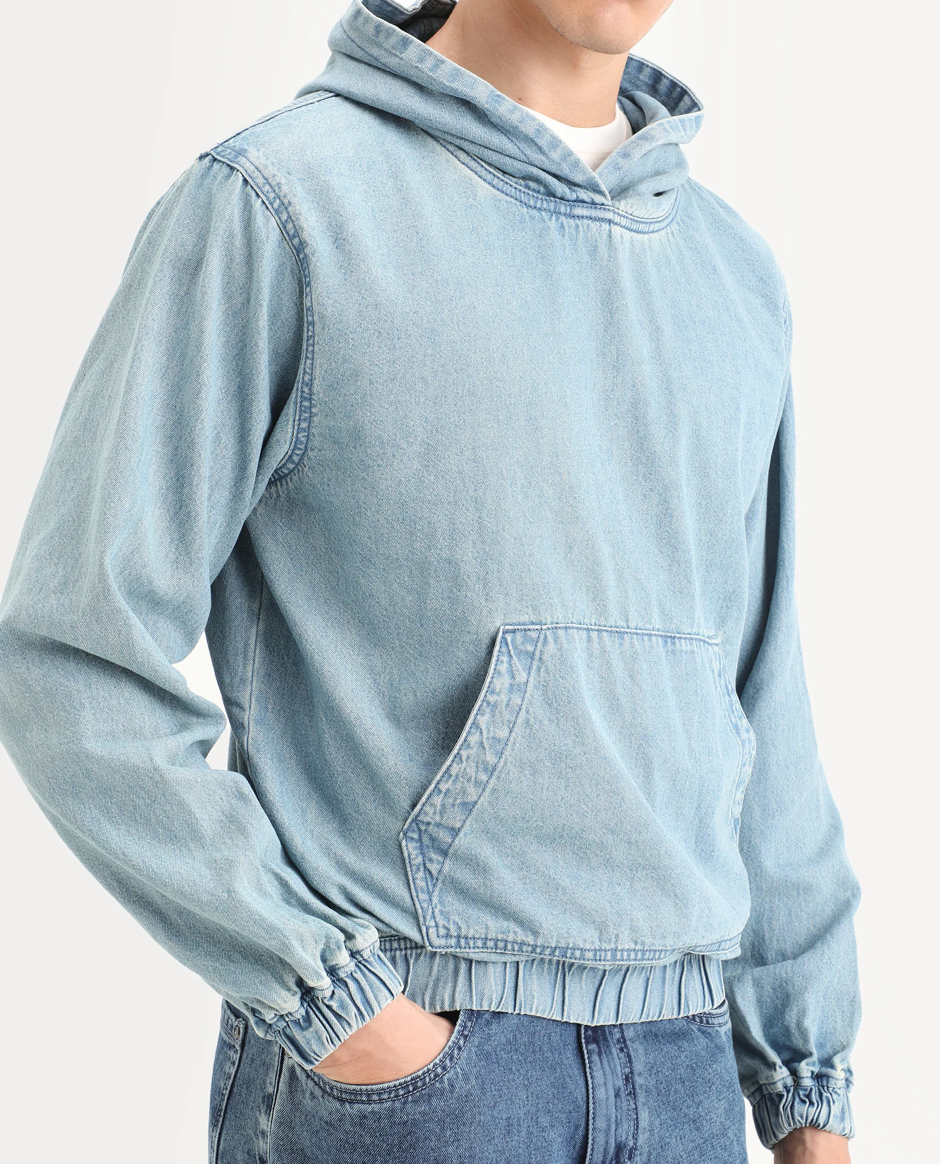 Rare Rabbit Men's Voltas Light Blue Cotton Plain Oversized Fit Full Sleeve Hooded Sweatshirt - Image 4