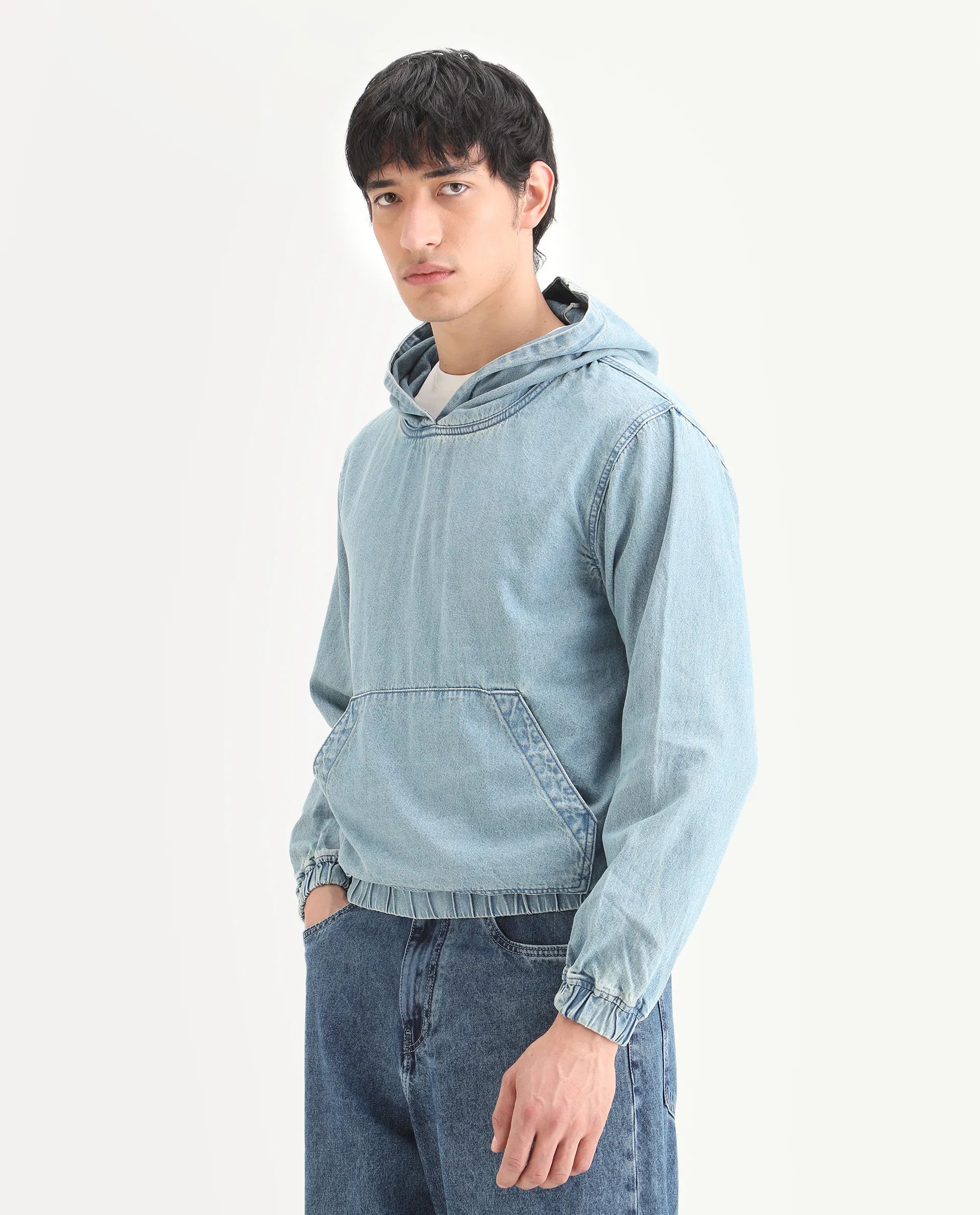 Rare Rabbit Men's Voltas Light Blue Cotton Plain Oversized Fit Full Sleeve Hooded Sweatshirt - Image 5