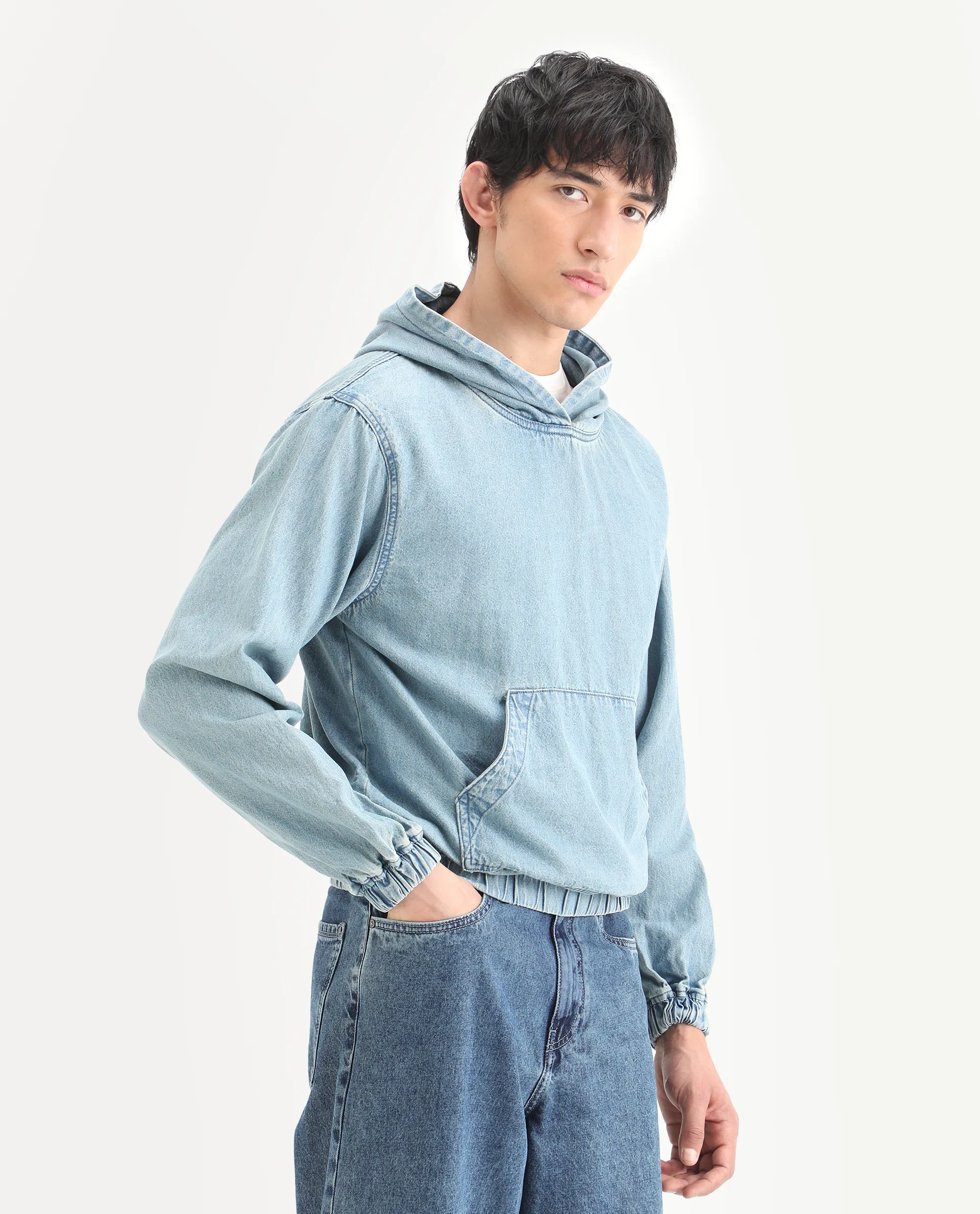 Rare Rabbit Men's Voltas Light Blue Cotton Plain Oversized Fit Full Sleeve Hooded Sweatshirt - Image 6