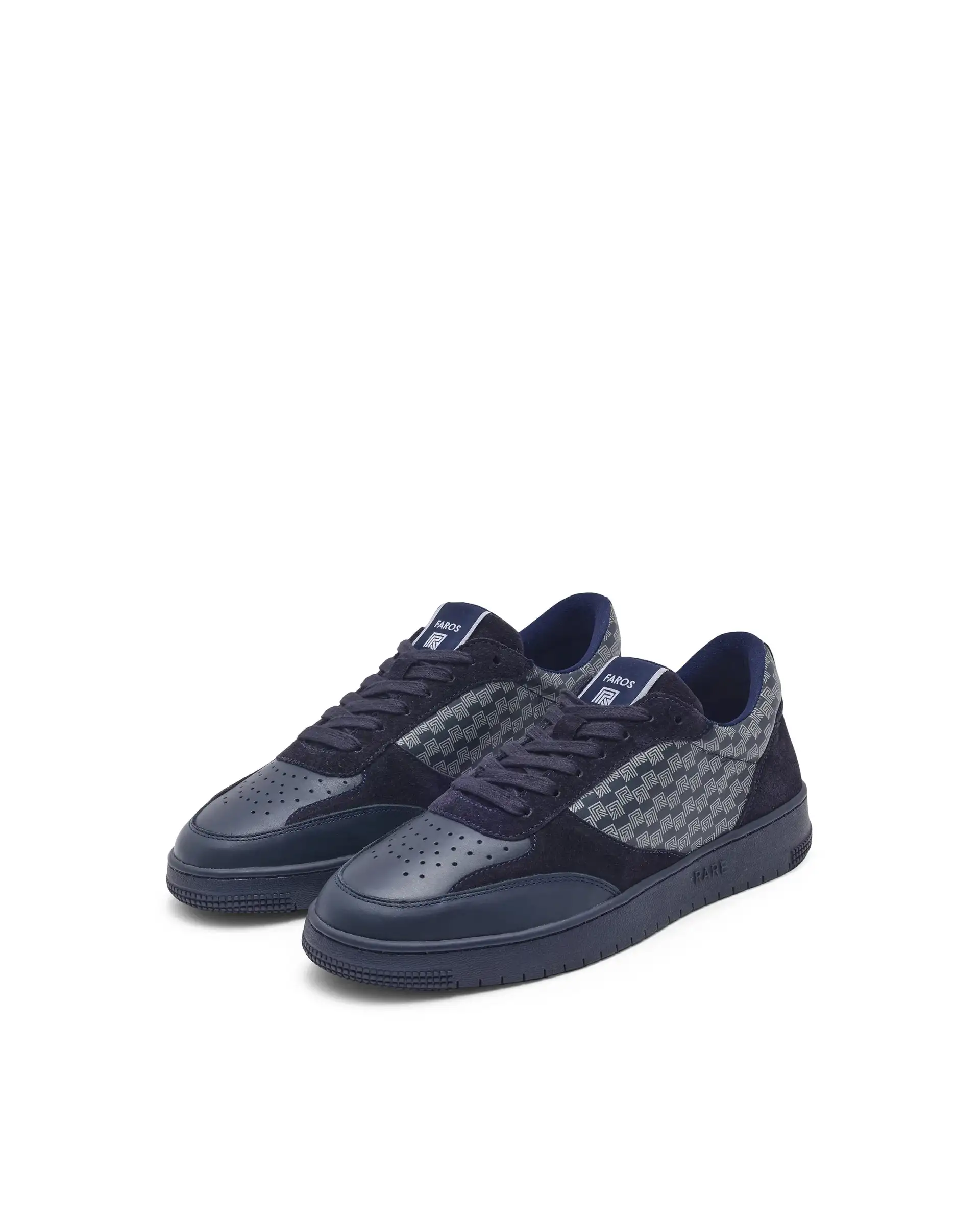 Rare Rabbir Men's Voltro Navy Genuine Leather And Suede Faros "R" Monogram Low-Top Lace-Up Sneaker Shoes - Image 3