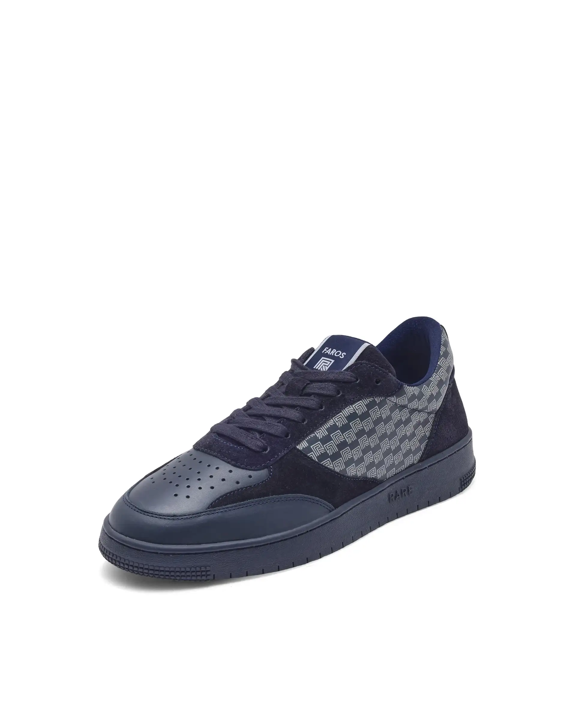 Rare Rabbir Men's Voltro Navy Genuine Leather And Suede Faros "R" Monogram Low-Top Lace-Up Sneaker Shoes - Image 6