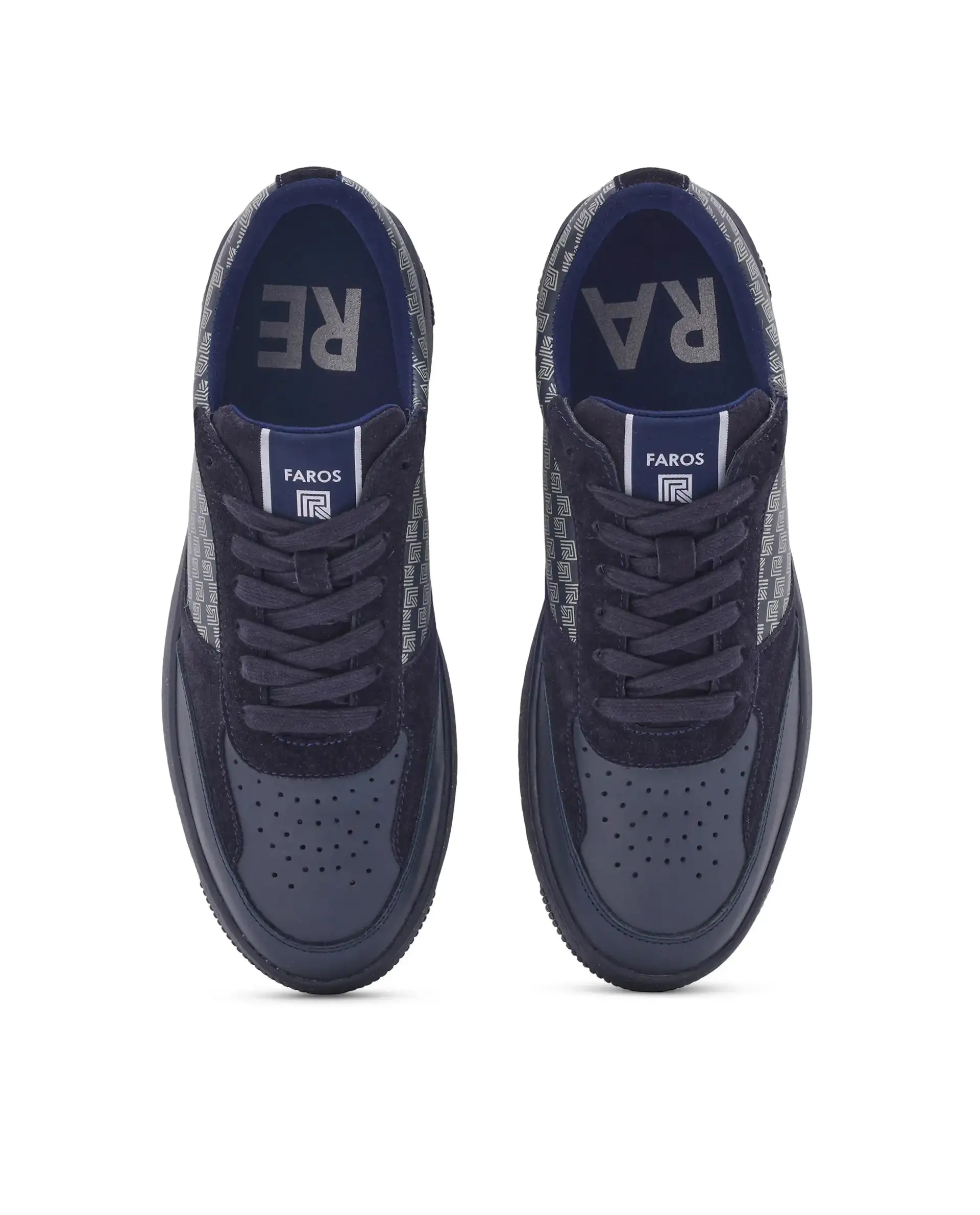 Rare Rabbir Men's Voltro Navy Genuine Leather And Suede Faros "R" Monogram Low-Top Lace-Up Sneaker Shoes - Image 8