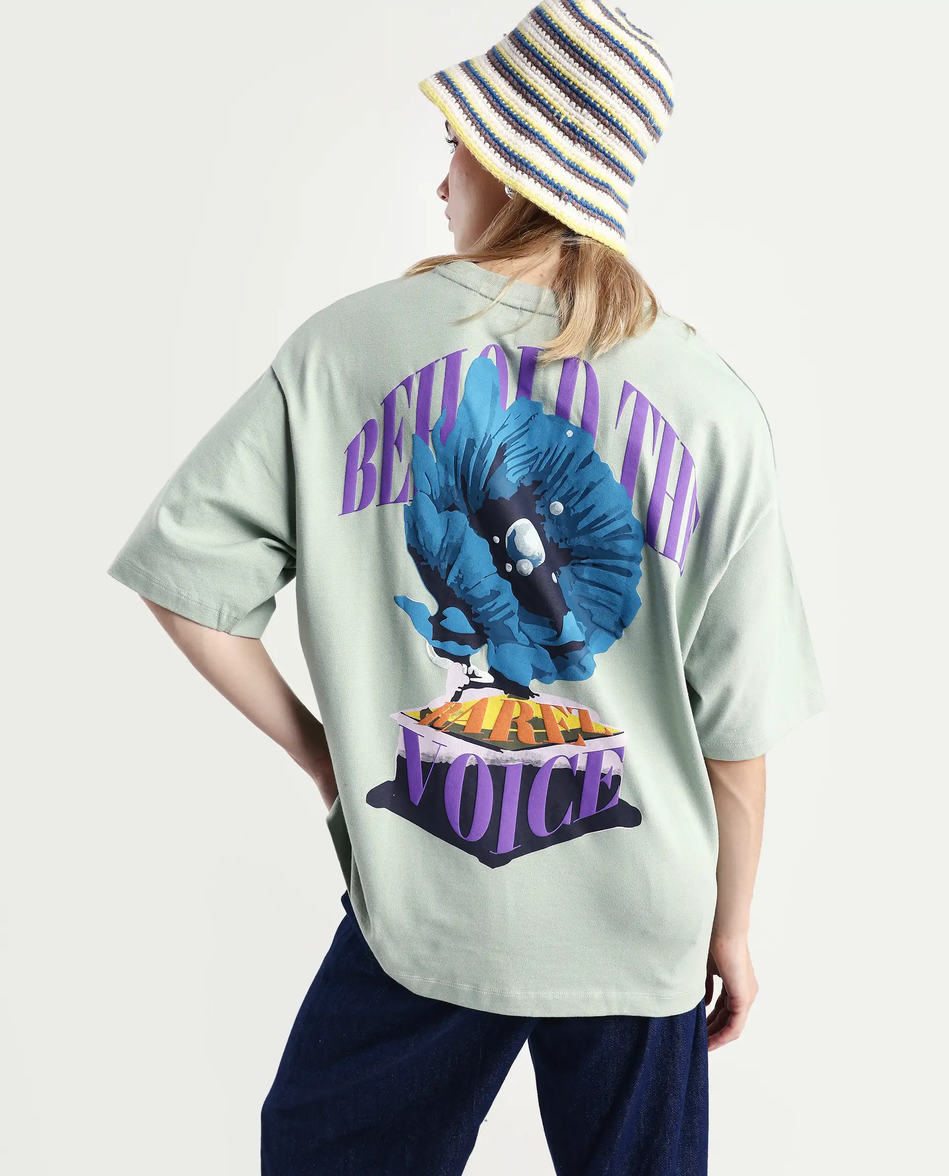 Rareism Women's Voltz Green Cotton Graphic Print Oversized T-Shirt