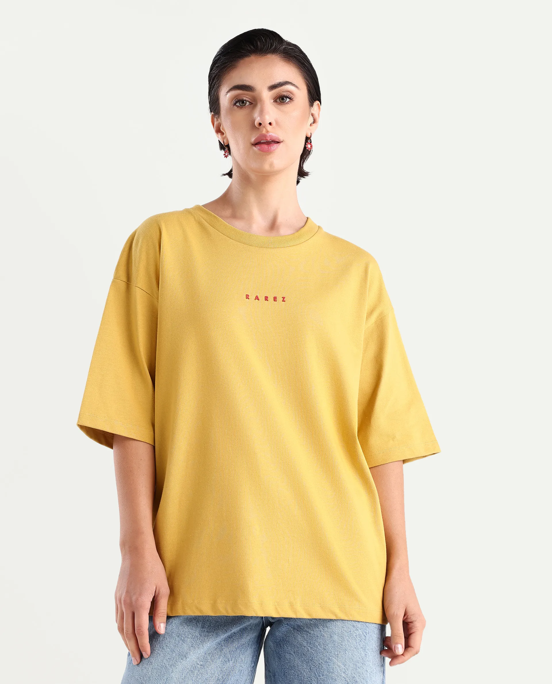 Rareism Women's Voltz Yellow Cotton Graphic Print Oversized T-Shirt - Image 3