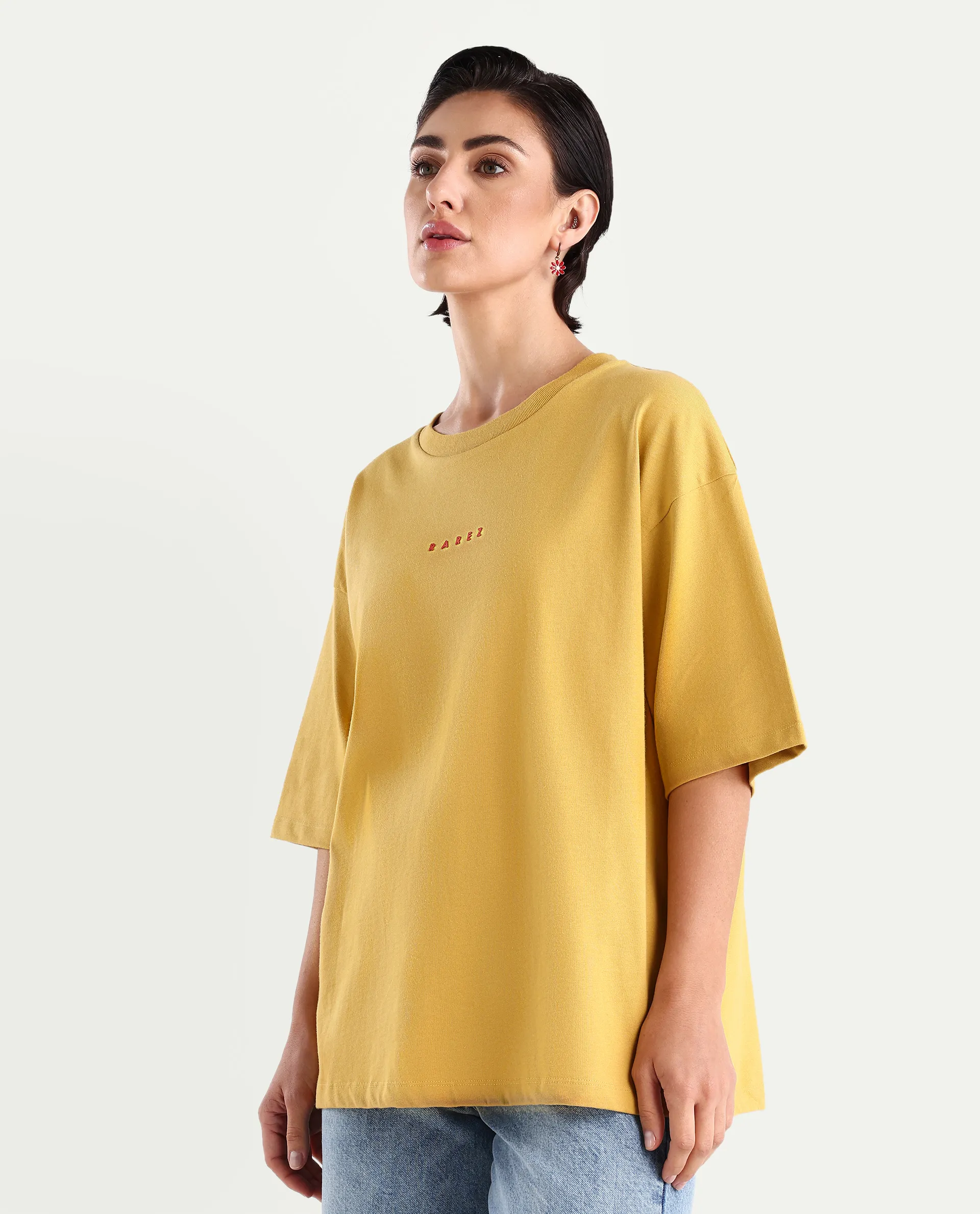 Rareism Women's Voltz Yellow Cotton Graphic Print Oversized T-Shirt - Image 5