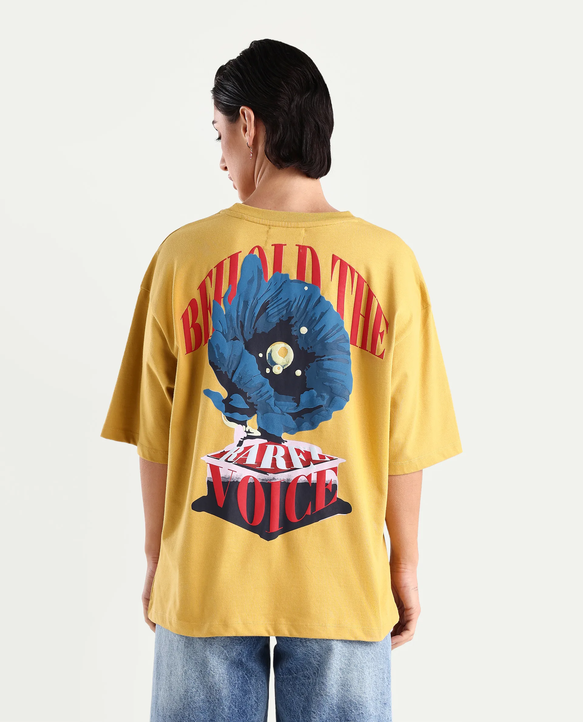 Rareism Women's Voltz Yellow Cotton Graphic Print Oversized T-Shirt - Image 7