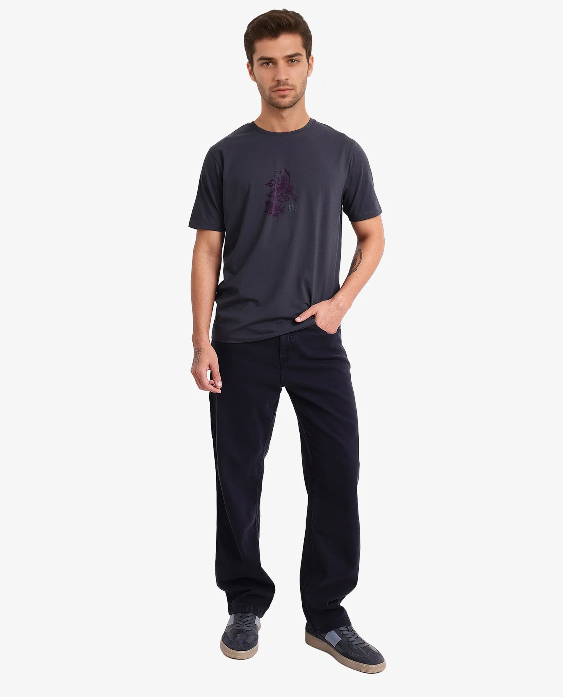Rare Rabbit Men's Volvo Dark Grey Cotton Graphic Print Regular Fit Half Sleeve Crew Neck T-Shirt - Image 2