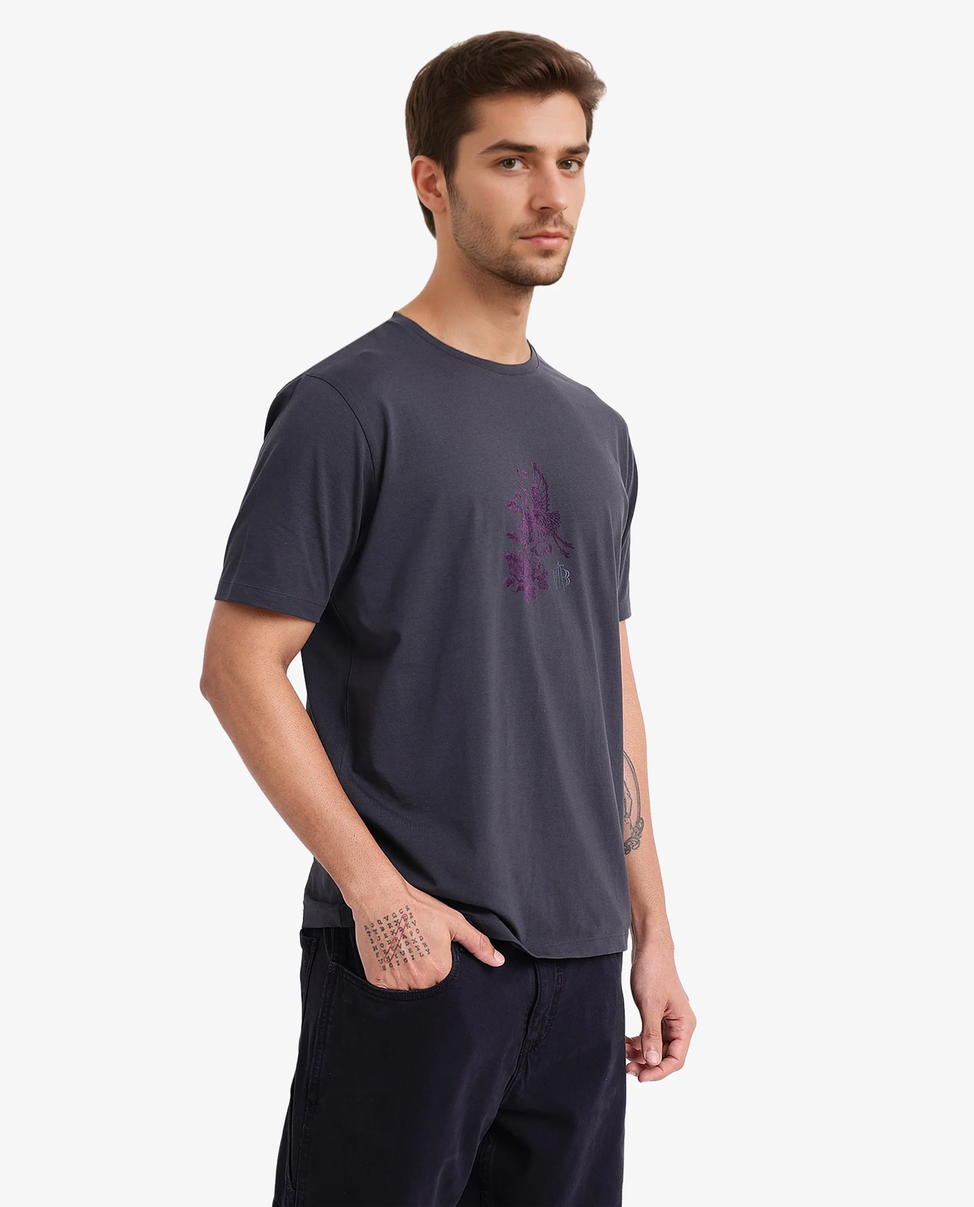 Rare Rabbit Men's Volvo Dark Grey Cotton Graphic Print Regular Fit Half Sleeve Crew Neck T-Shirt - Image 3