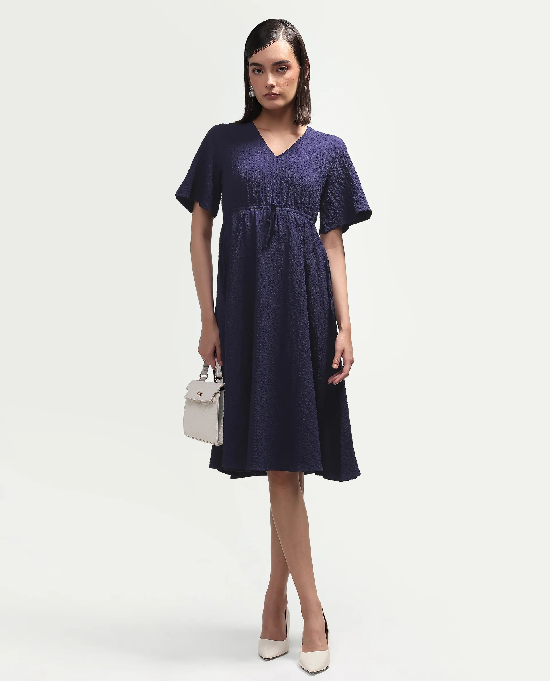 Rareism Women's Vondien Navy Polyester V-Neck Flared Plain Dress