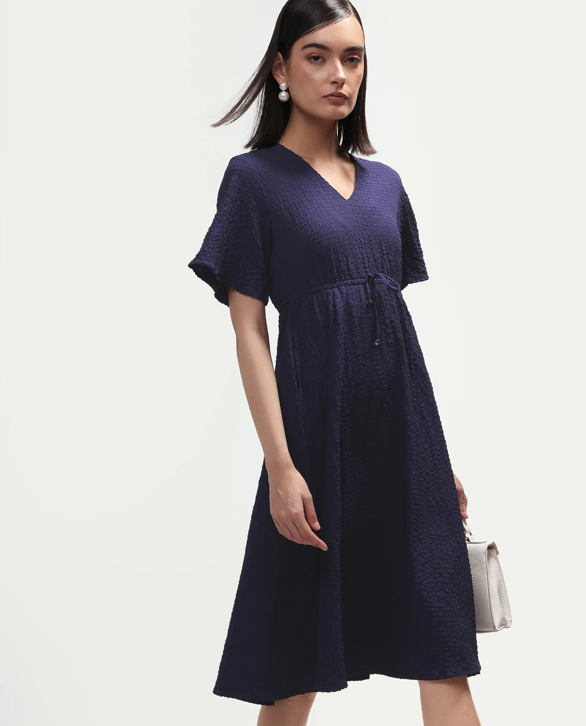 Rareism Women's Vondien Navy Polyester V-Neck Flared Plain Dress - Image 2