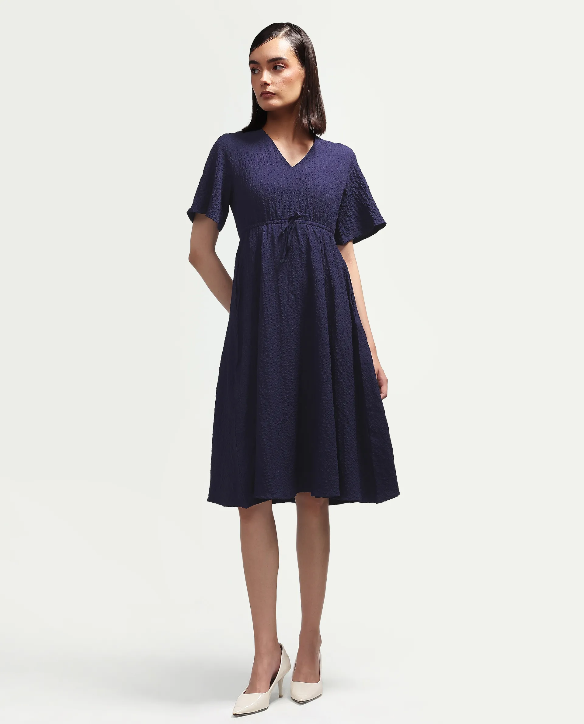 Rareism Women's Vondien Navy Polyester V-Neck Flared Plain Dress - Image 3