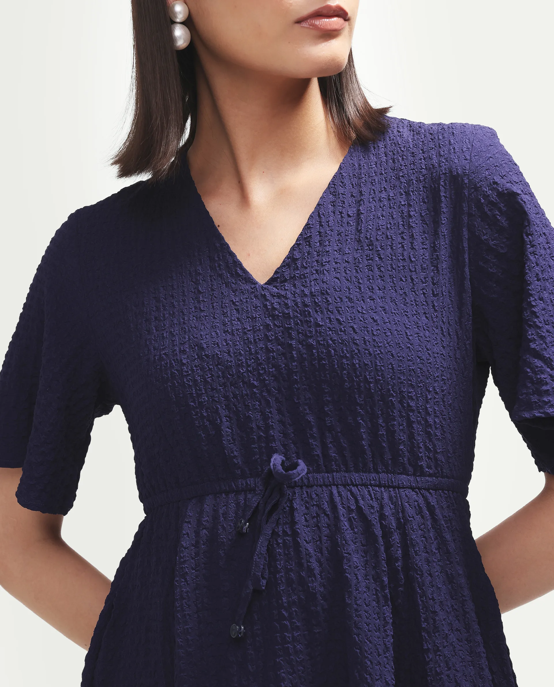 Rareism Women's Vondien Navy Polyester V-Neck Flared Plain Dress - Image 4