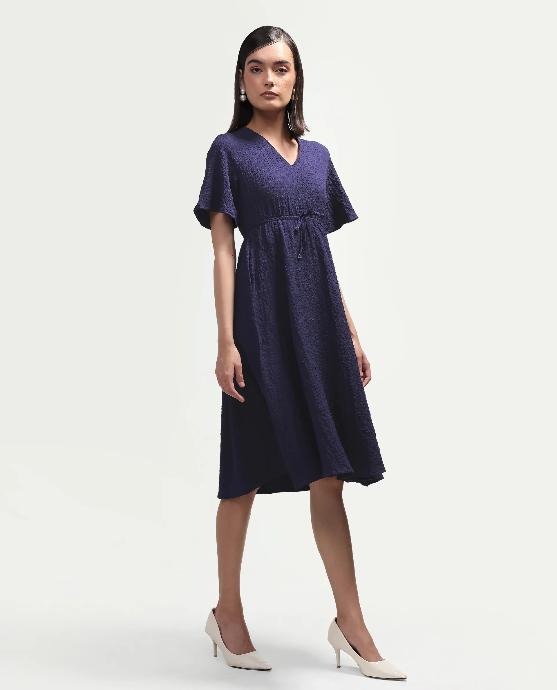 Rareism Women's Vondien Navy Polyester V-Neck Flared Plain Dress - Image 5
