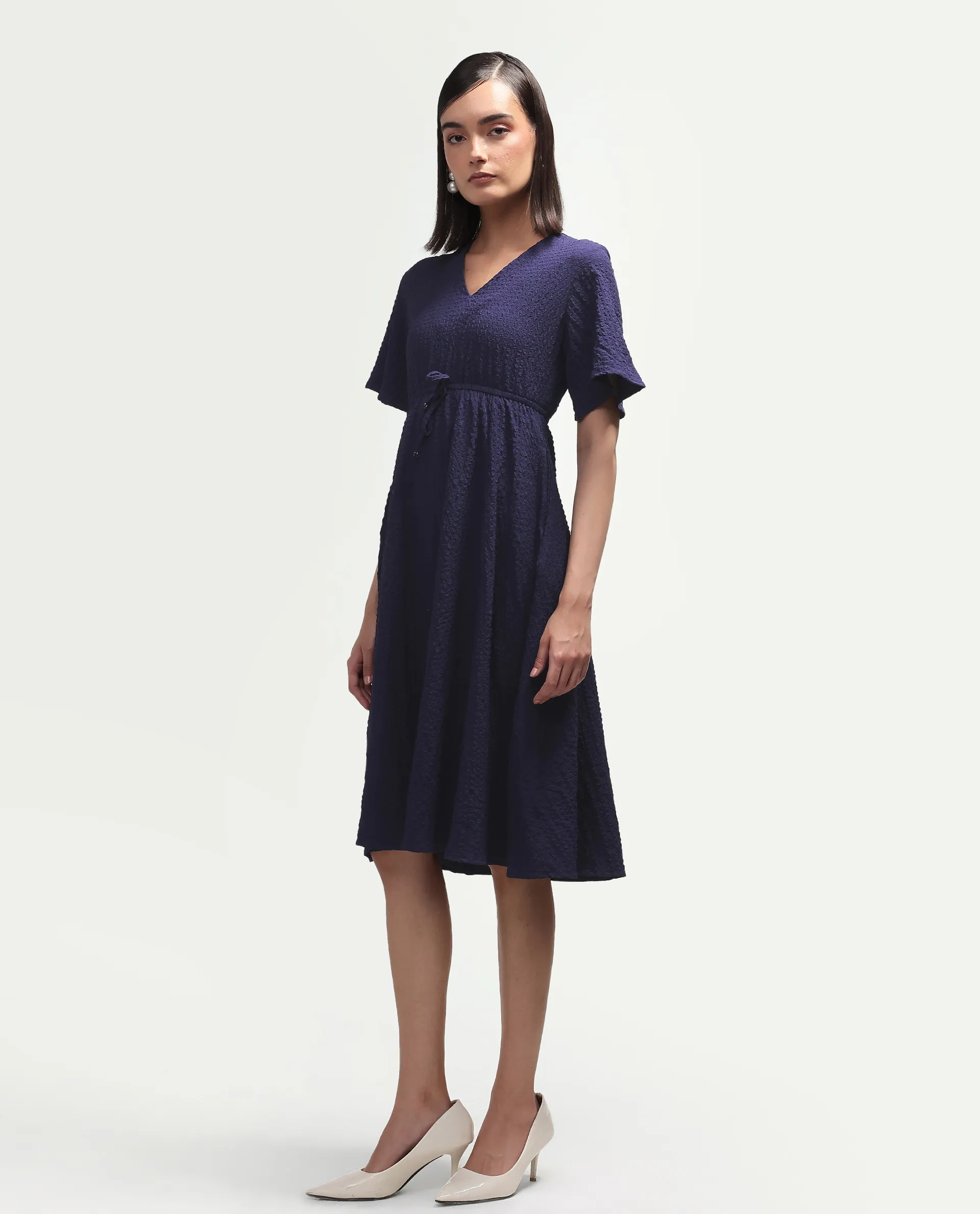 Rareism Women's Vondien Navy Polyester V-Neck Flared Plain Dress - Image 6
