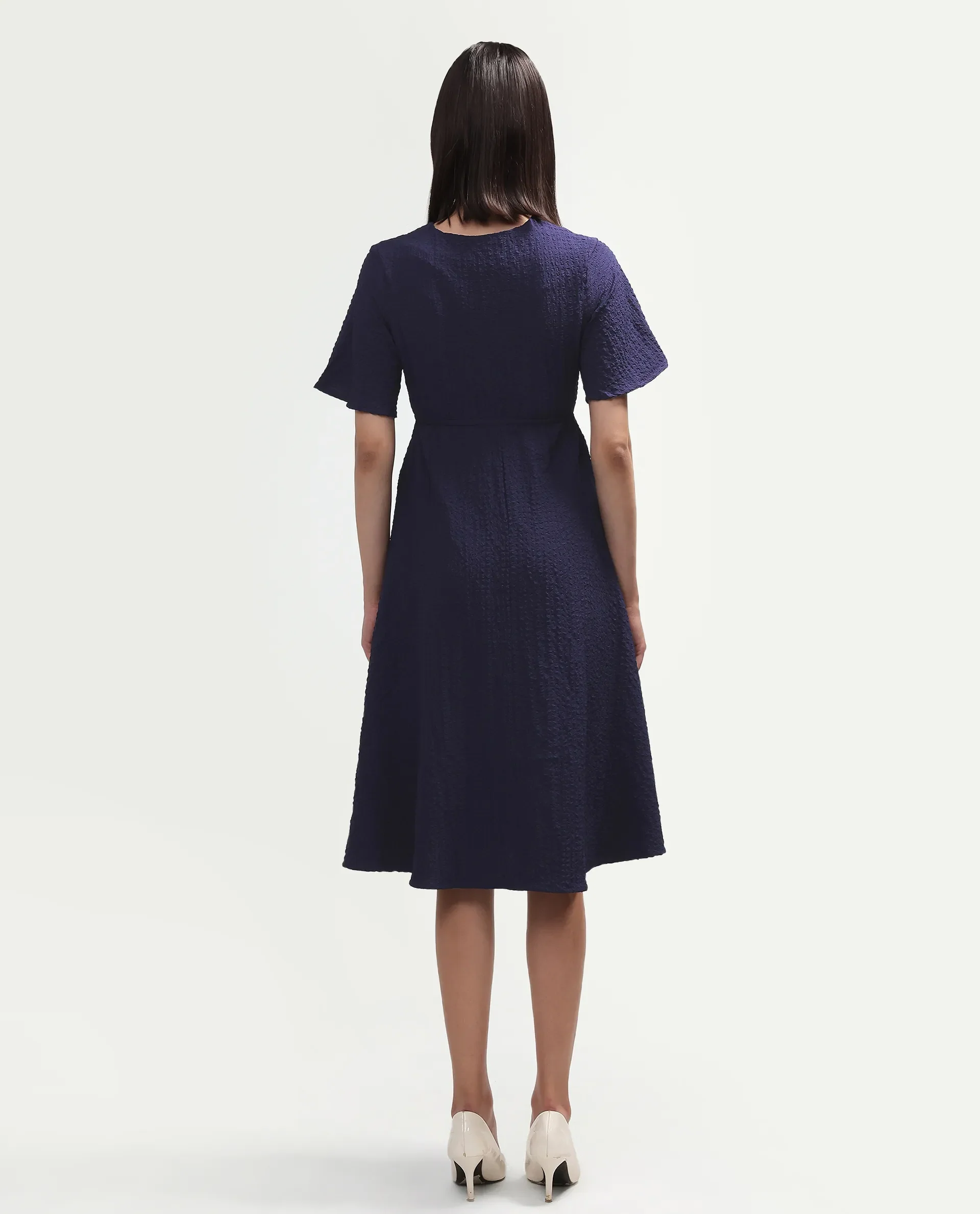 Rareism Women's Vondien Navy Polyester V-Neck Flared Plain Dress - Image 7