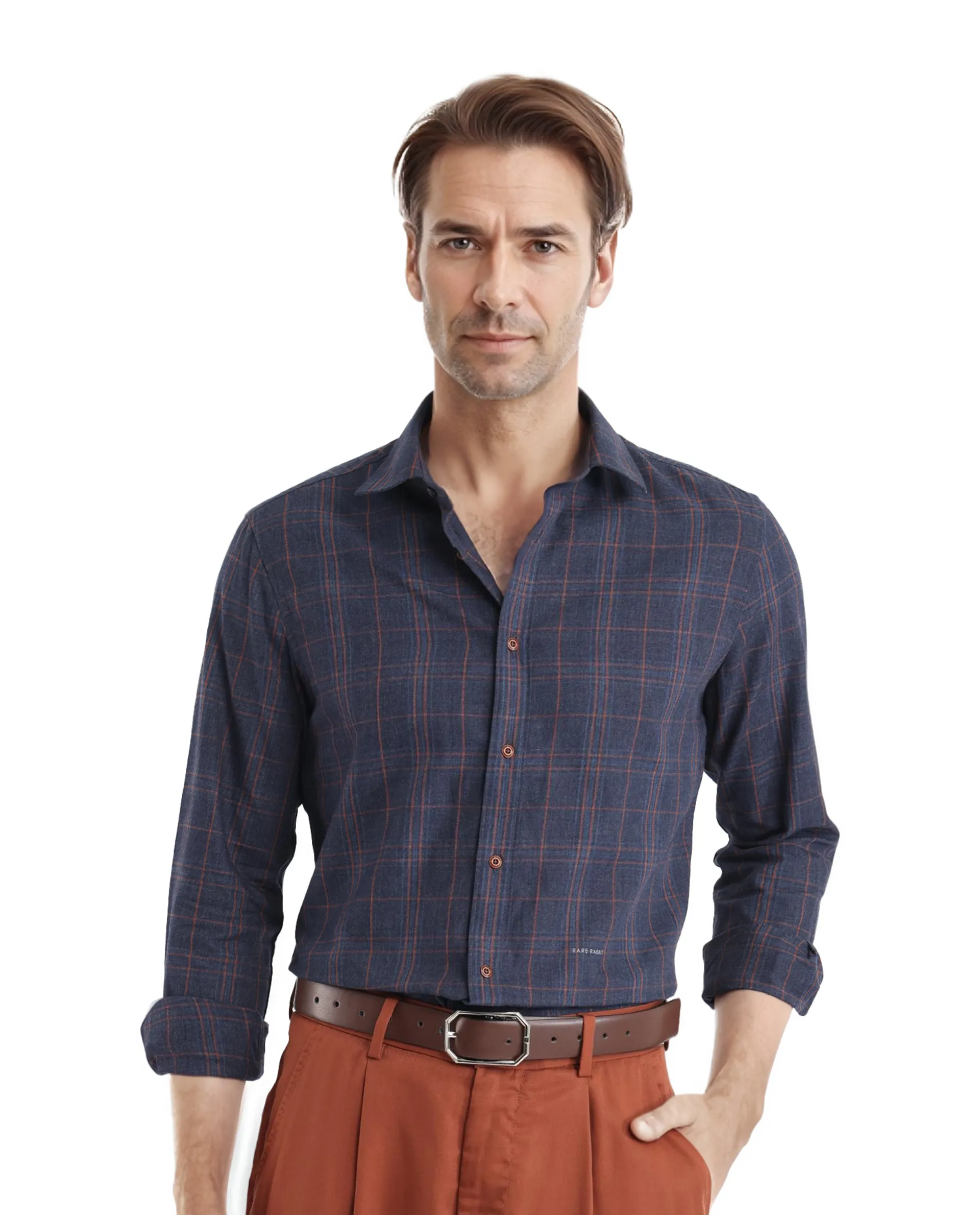Rare Rabbit Men's Vool Navy Cotton Checked Print Regular Fit Full Sleeve Collared Shirt