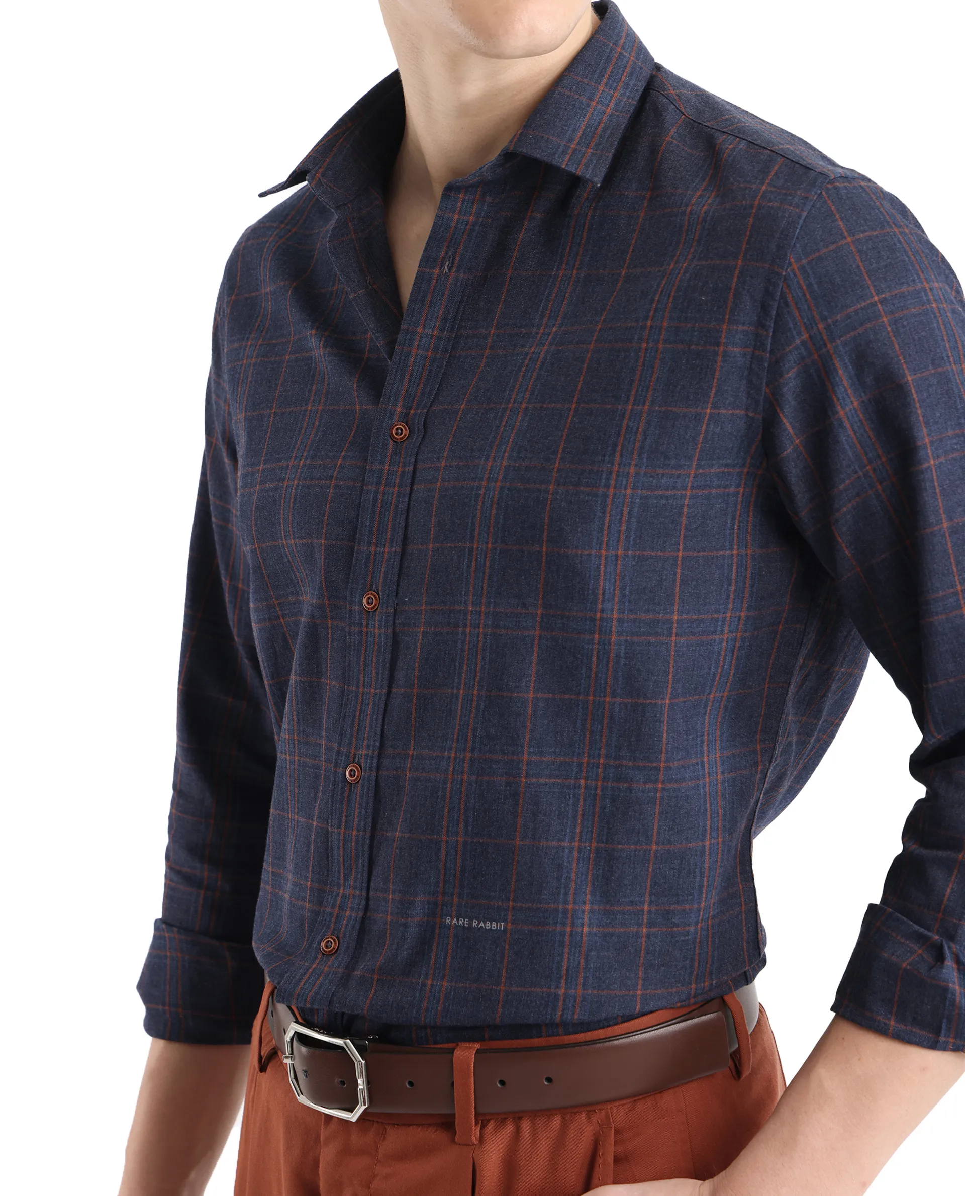 Rare Rabbit Men's Vool Navy Cotton Checked Print Regular Fit Full Sleeve Collared Shirt - Image 3