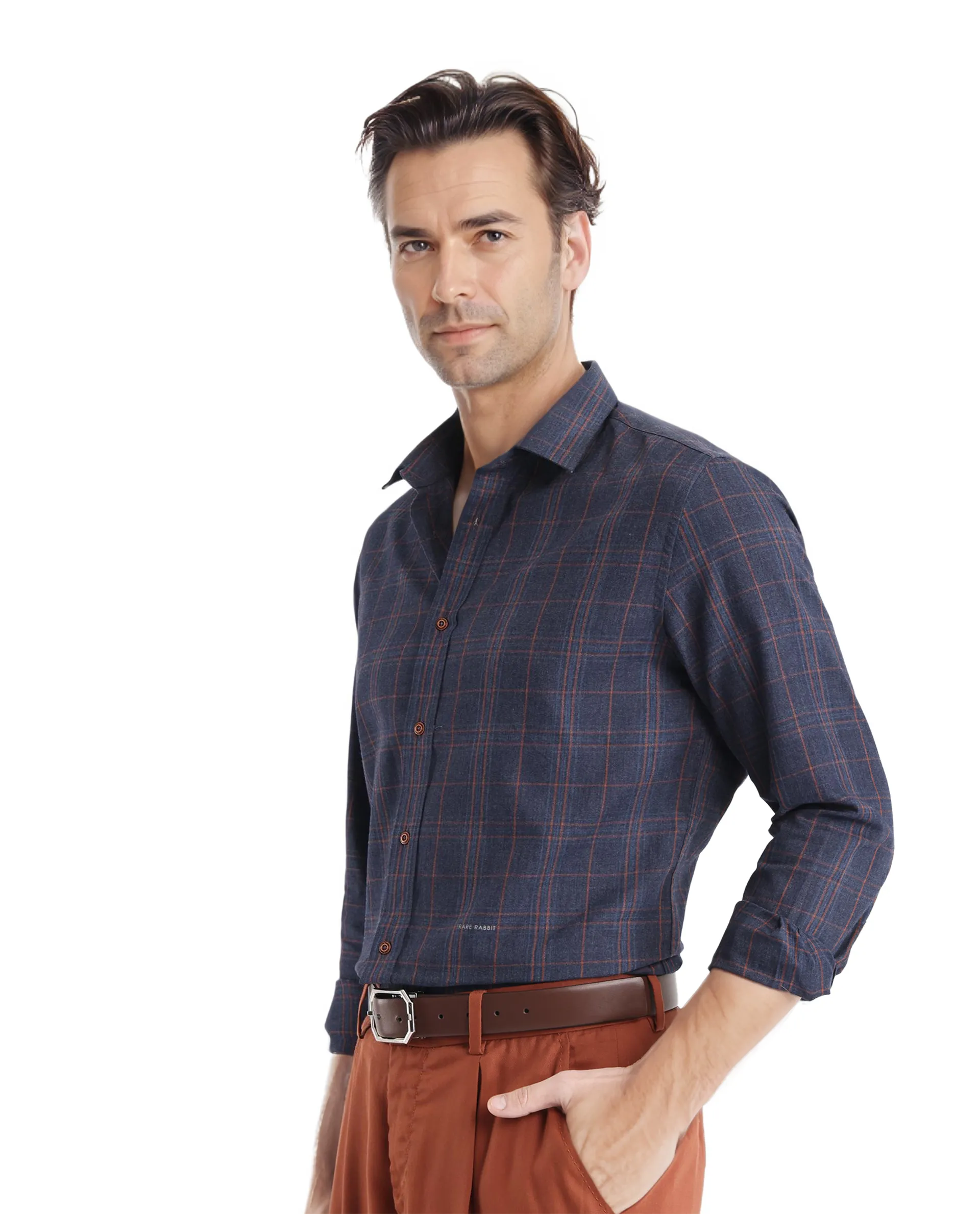 Rare Rabbit Men's Vool Navy Cotton Checked Print Regular Fit Full Sleeve Collared Shirt - Image 5