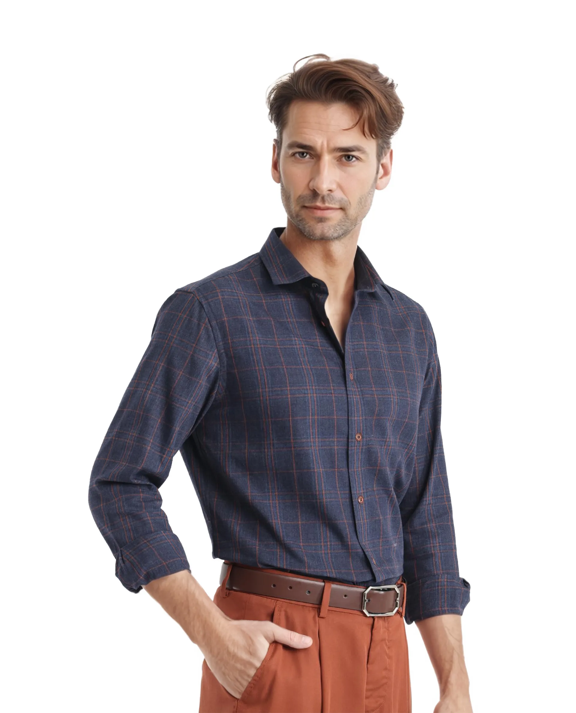 Rare Rabbit Men's Vool Navy Cotton Checked Print Regular Fit Full Sleeve Collared Shirt - Image 6
