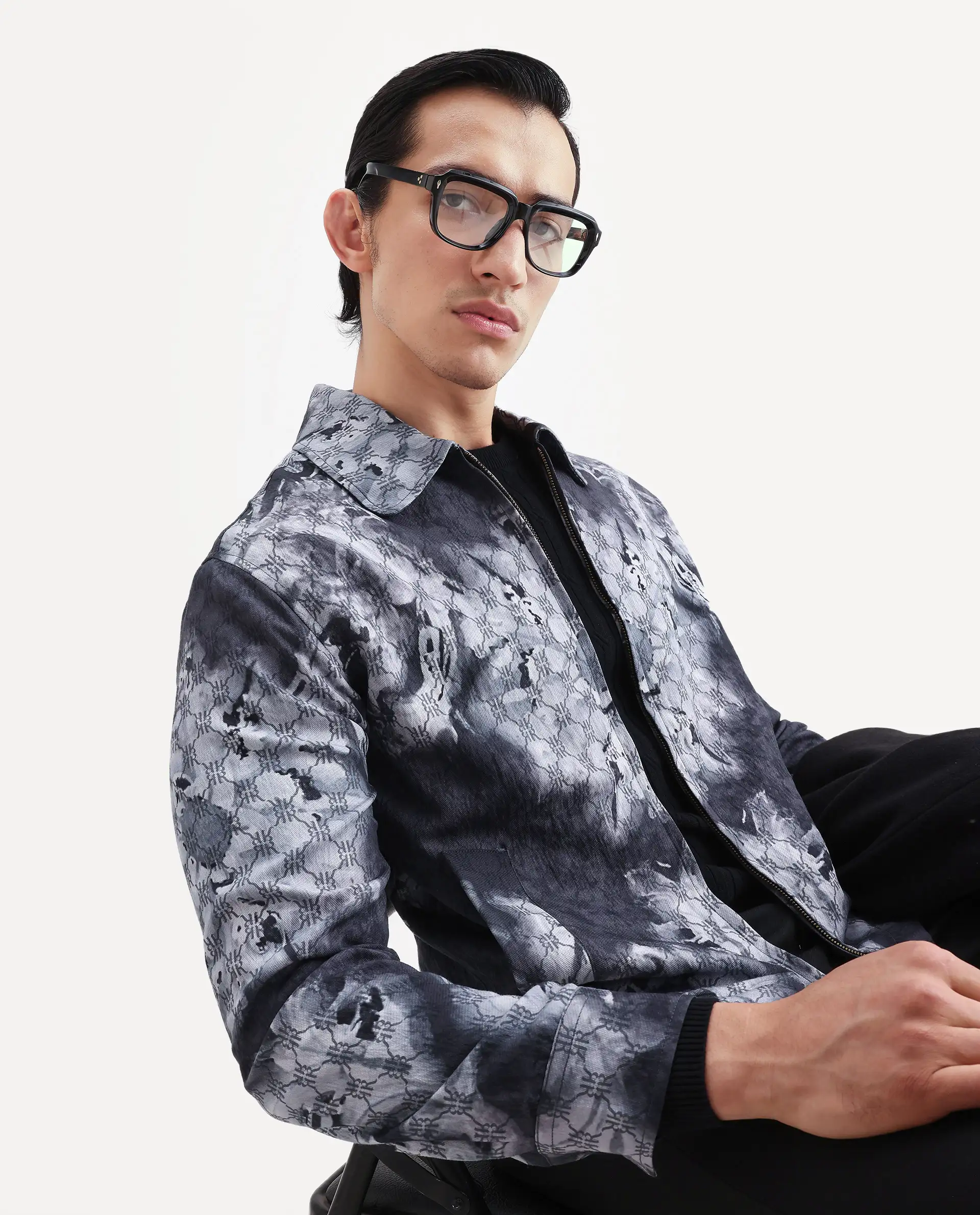 Rare Rabbit Men's Vorn Black Viscose Blend Fabric Spread Collar Regular Abstract Print Jacket