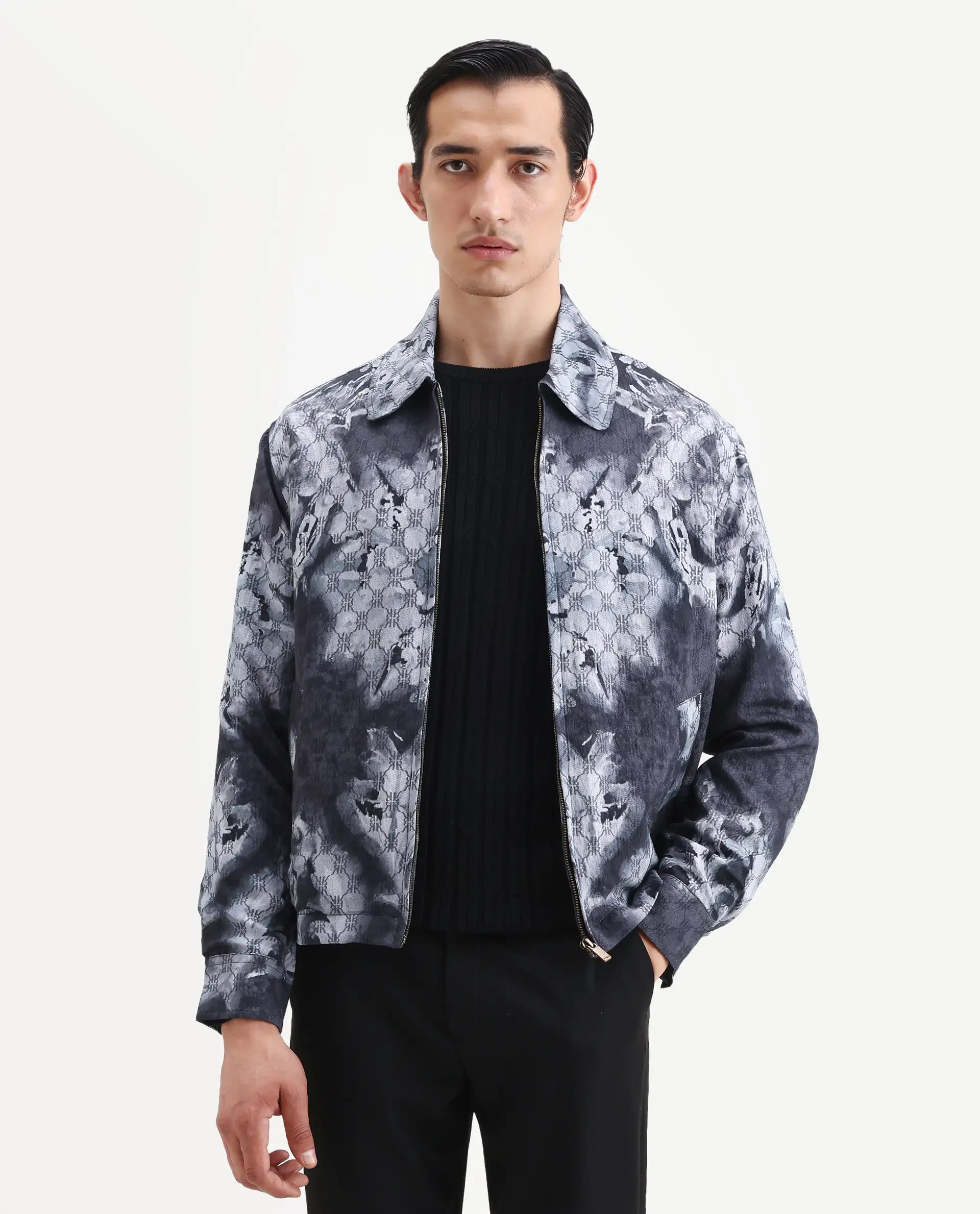 Rare Rabbit Men's Vorn Black Viscose Blend Fabric Spread Collar Regular Abstract Print Jacket - Image 3