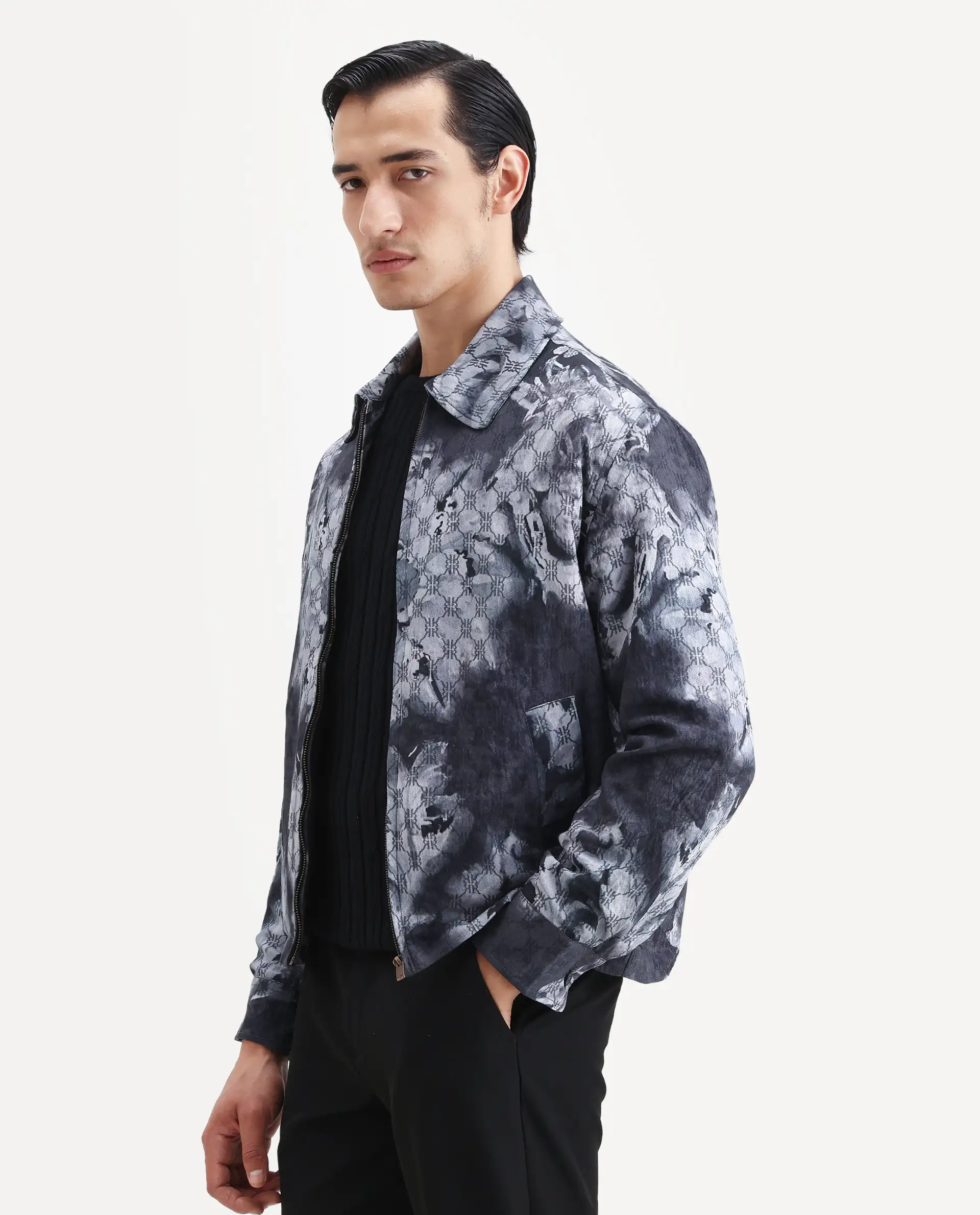 Rare Rabbit Men's Vorn Black Viscose Blend Fabric Spread Collar Regular Abstract Print Jacket - Image 5
