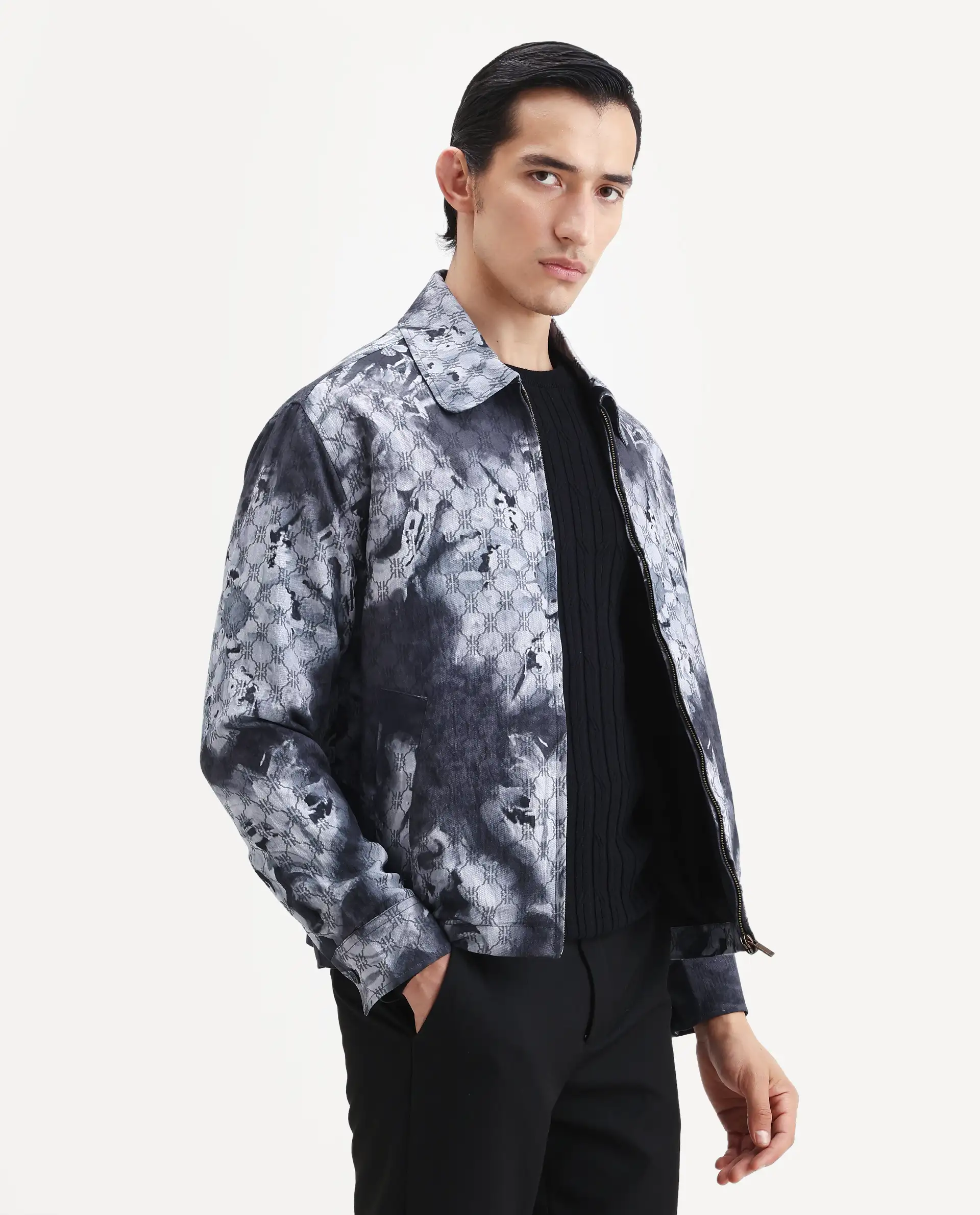 Rare Rabbit Men's Vorn Black Viscose Blend Fabric Spread Collar Regular Abstract Print Jacket - Image 6