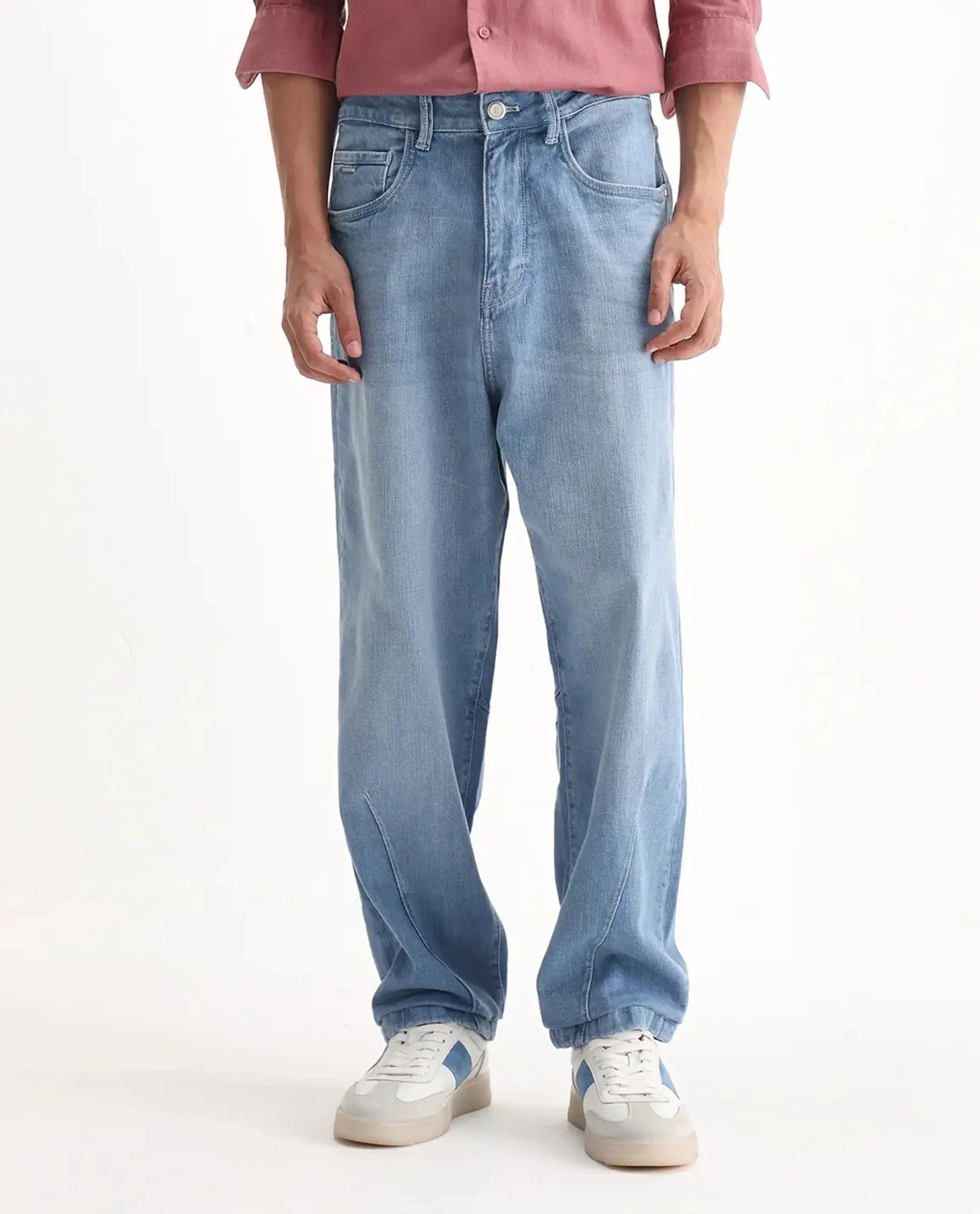 Rare Rabbit Men's Vort Light Blue Cotton Blend Plain Baggy Fit Jeans - Image 10