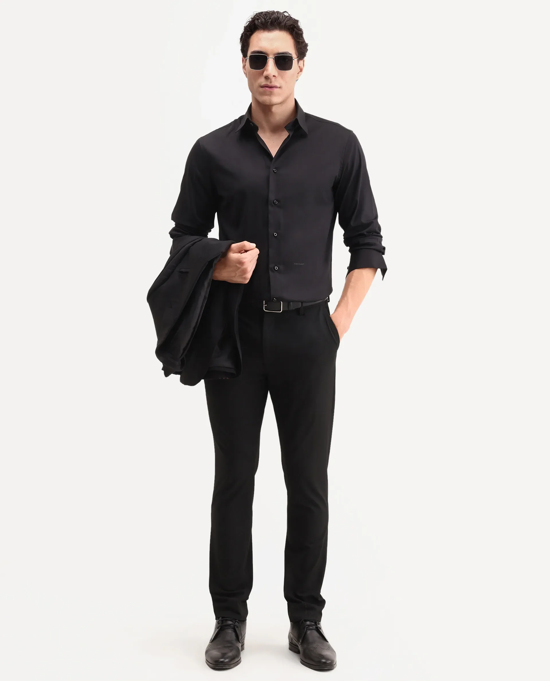Rare Rabbit Men's Vorta Primary Black Polyester Blend Spread Collar Regular Plain Shirt - Image 2