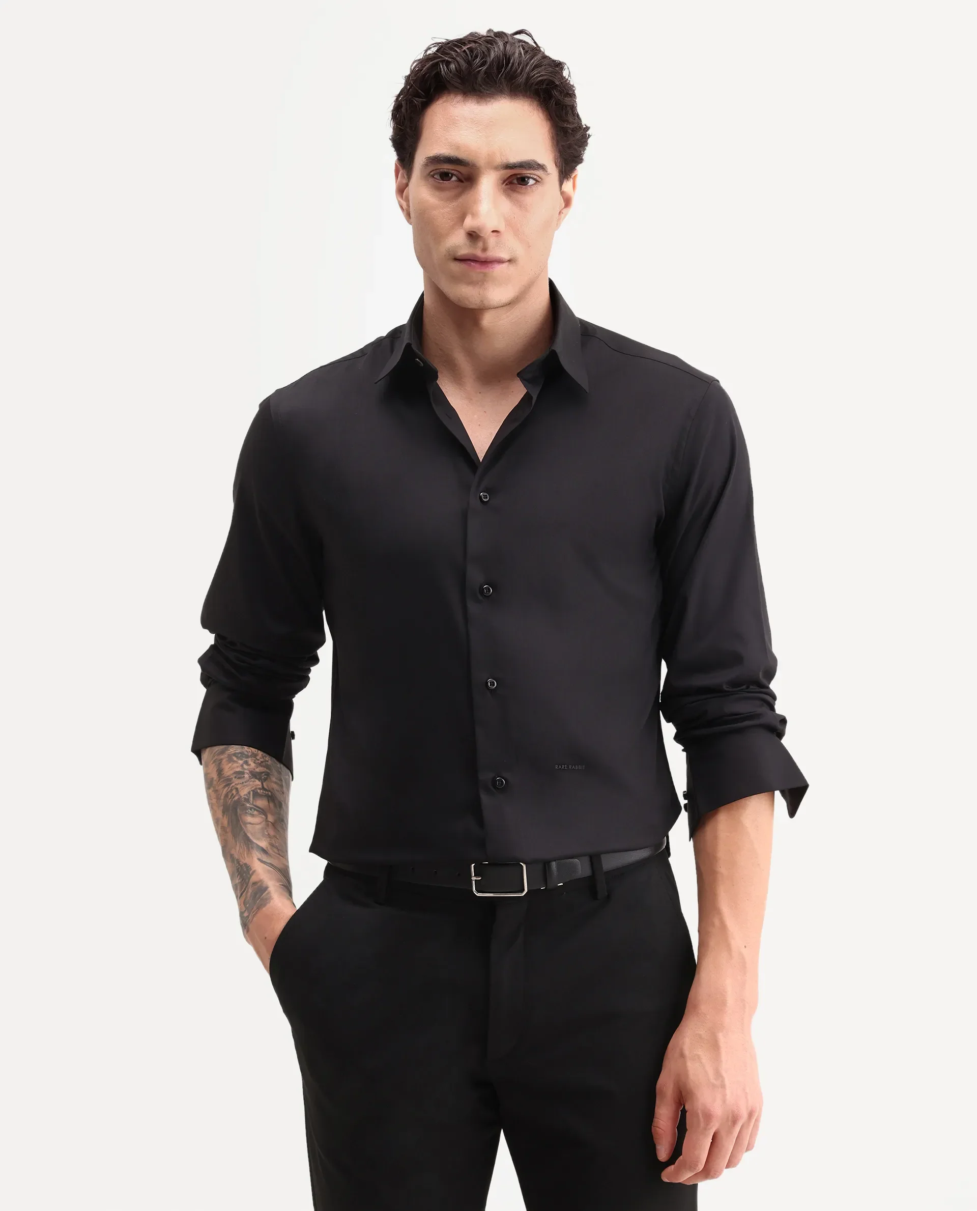 Rare Rabbit Men's Vorta Primary Black Polyester Blend Spread Collar Regular Plain Shirt - Image 3
