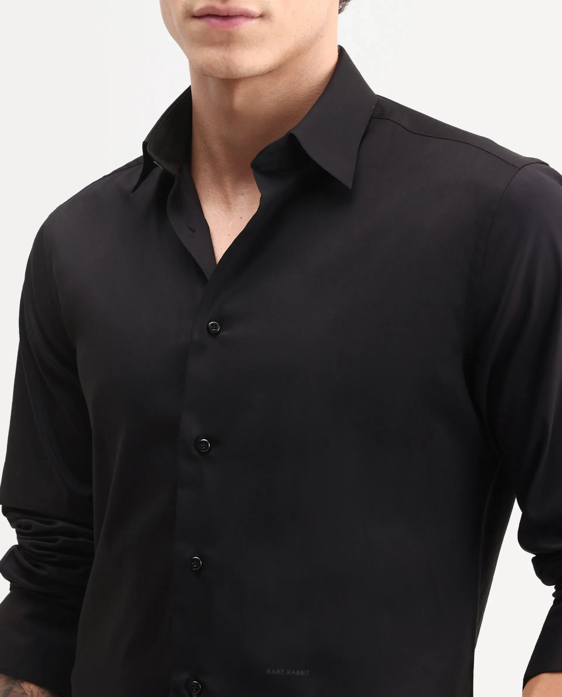 Rare Rabbit Men's Vorta Primary Black Polyester Blend Spread Collar Regular Plain Shirt - Image 4