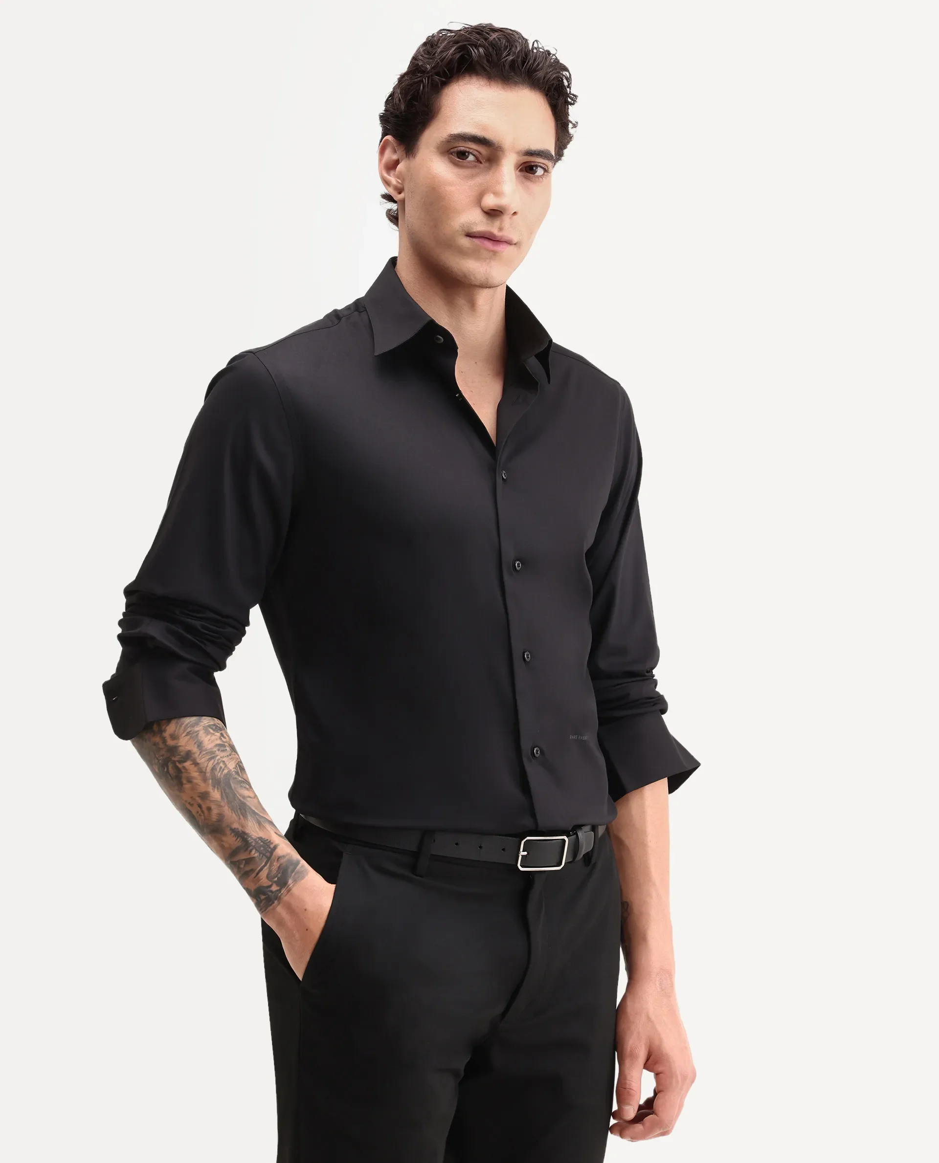 Rare Rabbit Men's Vorta Primary Black Polyester Blend Spread Collar Regular Plain Shirt - Image 5