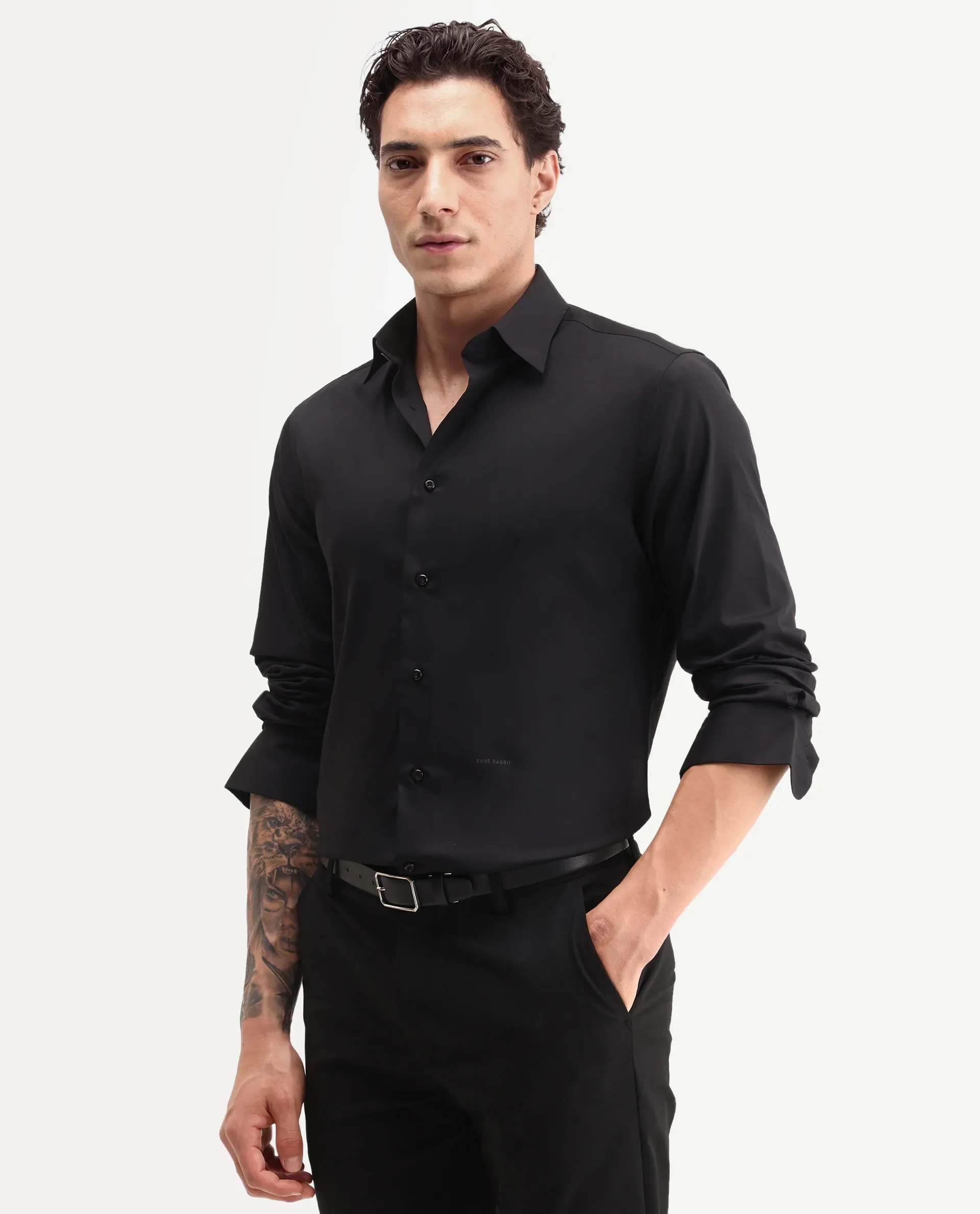 Rare Rabbit Men's Vorta Primary Black Polyester Blend Spread Collar Regular Plain Shirt - Image 6