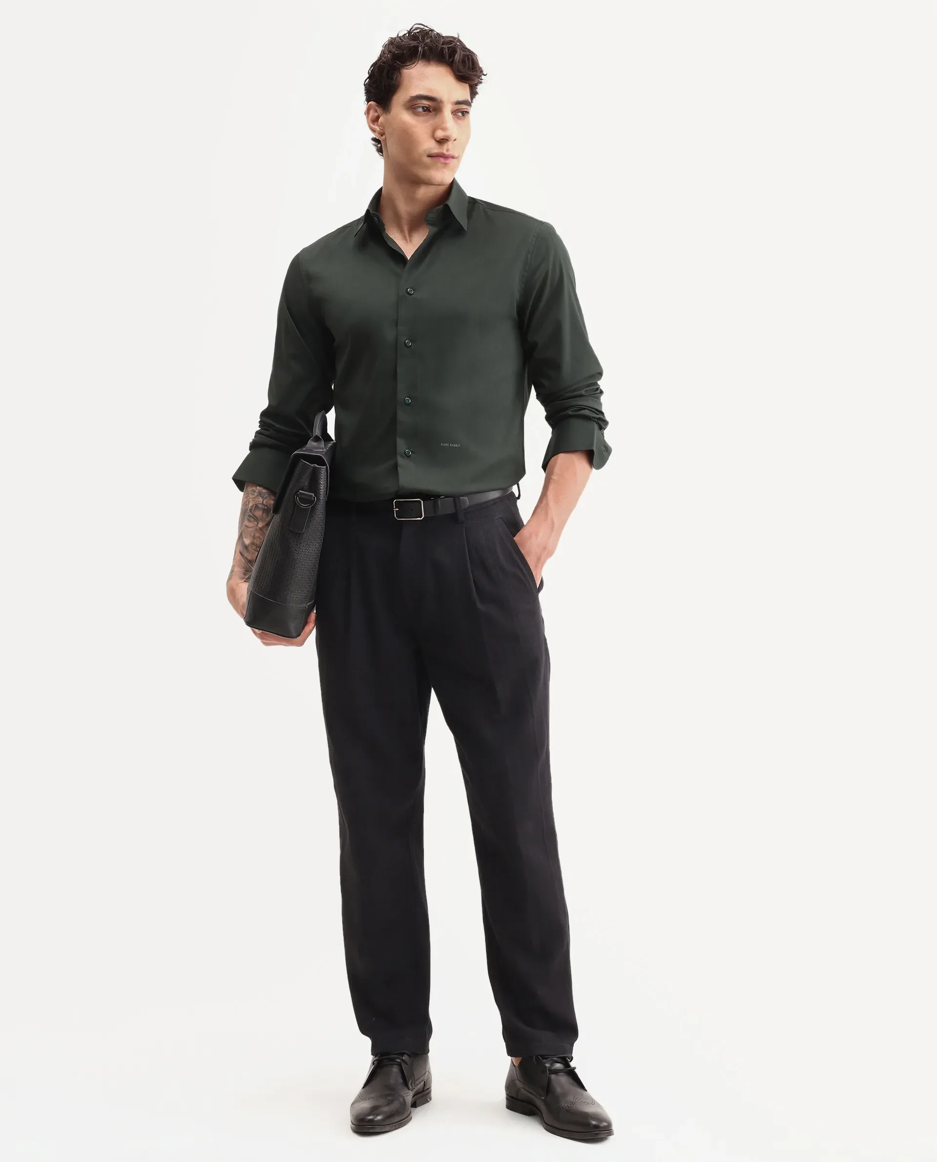 Rare Rabbit Men's Vorta Dark Green Polyester Blend Spread Collar Regular Plain Shirt - Image 2