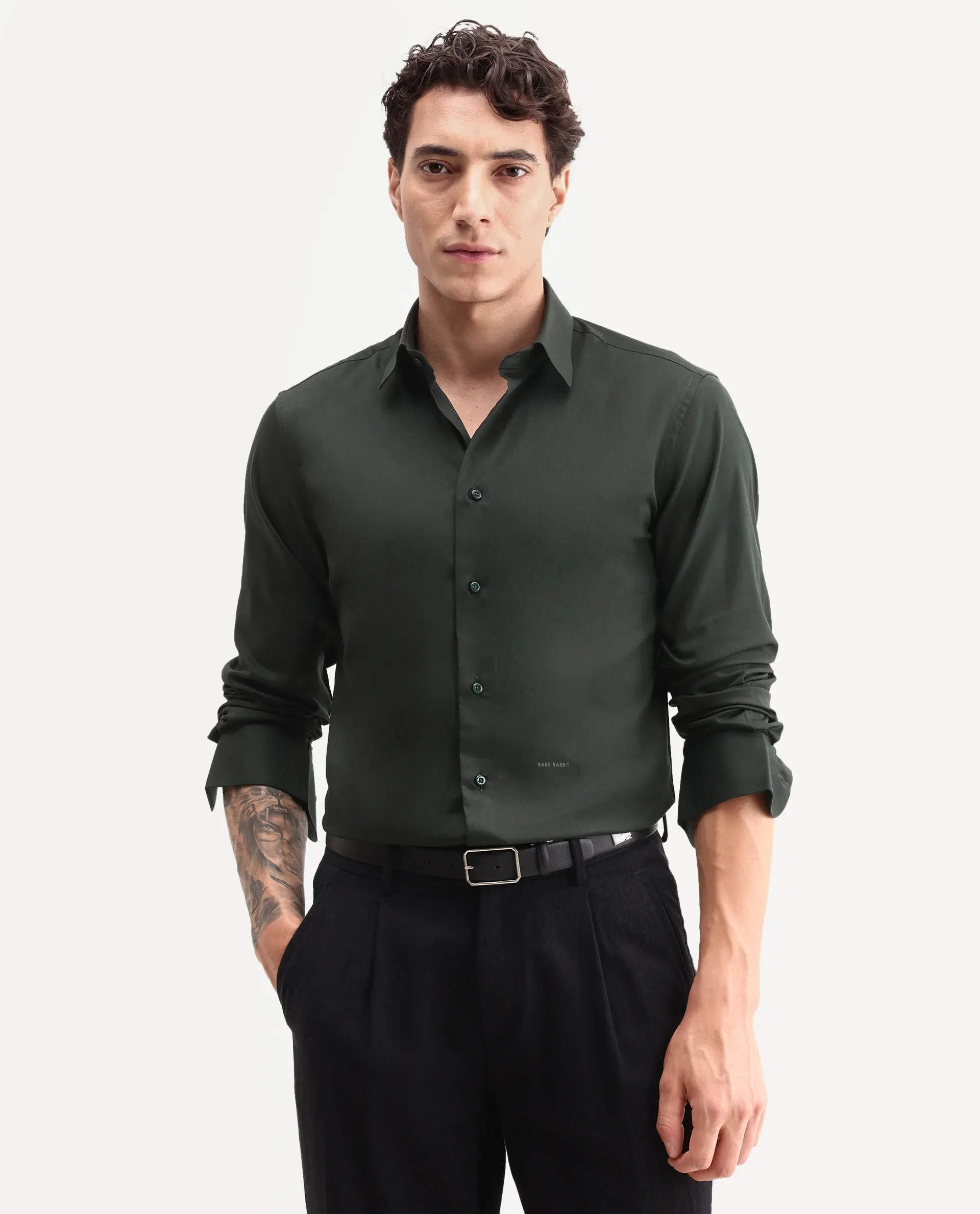 Rare Rabbit Men's Vorta Dark Green Polyester Blend Spread Collar Regular Plain Shirt - Image 3