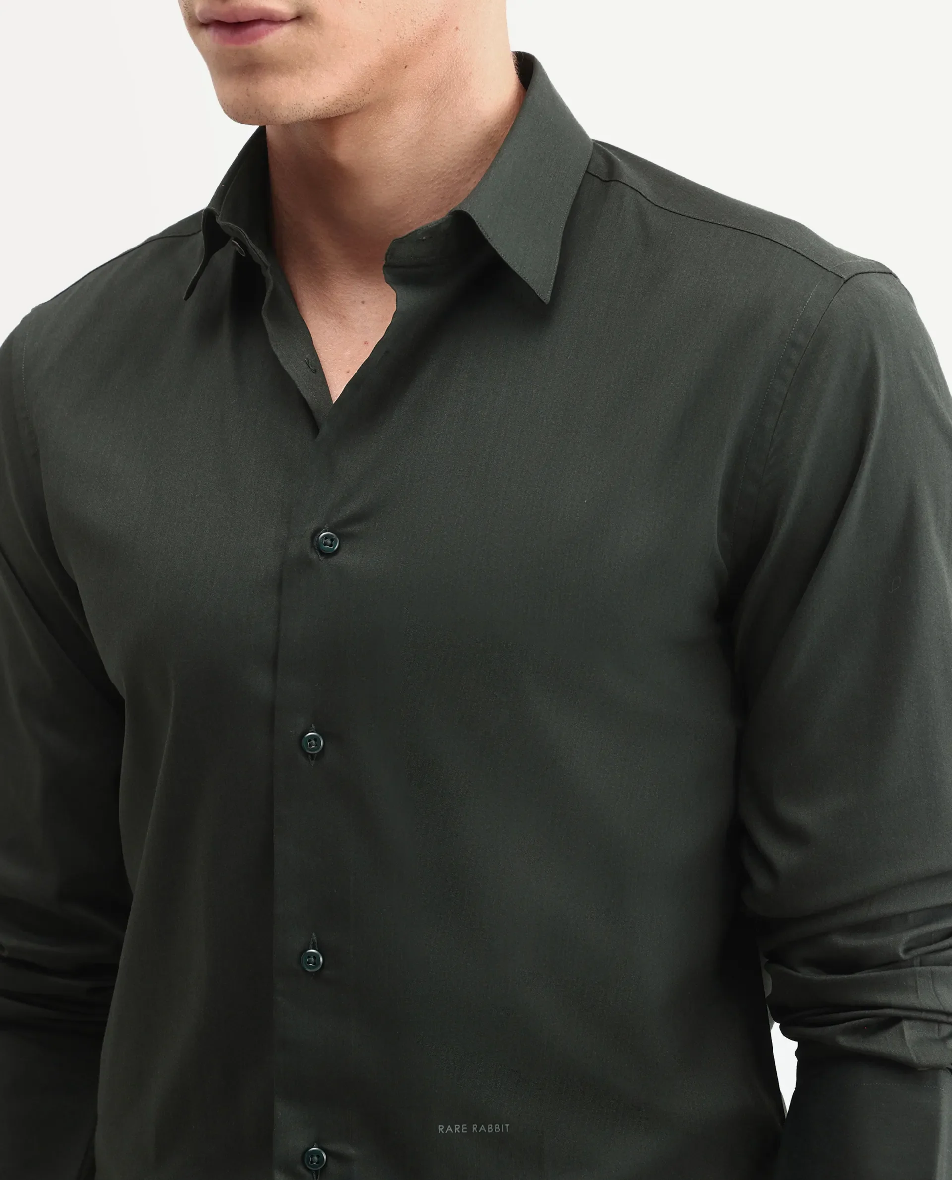 Rare Rabbit Men's Vorta Dark Green Polyester Blend Spread Collar Regular Plain Shirt - Image 4