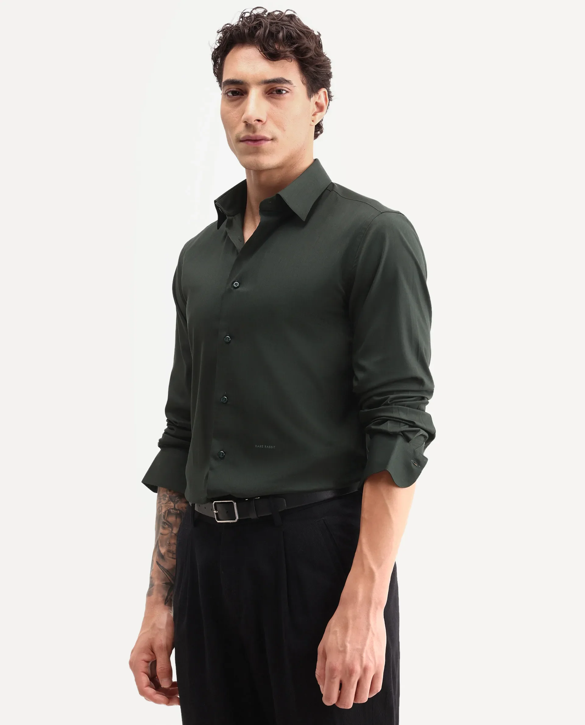 Rare Rabbit Men's Vorta Dark Green Polyester Blend Spread Collar Regular Plain Shirt - Image 6