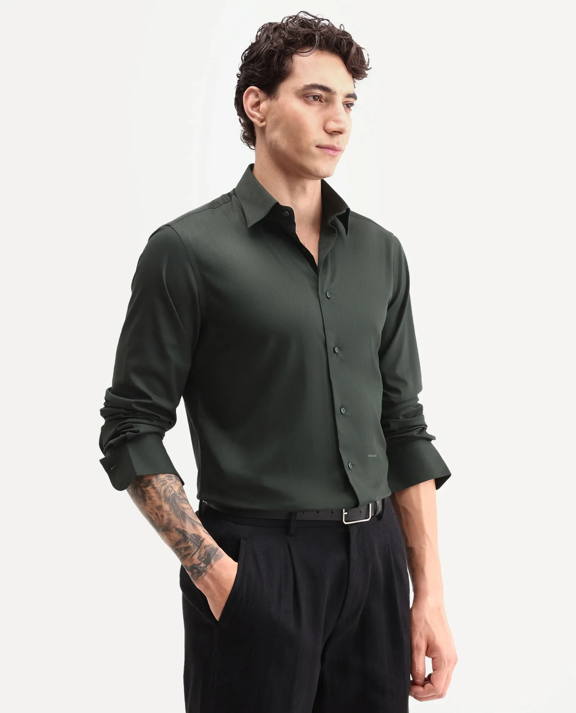 Rare Rabbit Men's Vorta Dark Green Polyester Blend Spread Collar Regular Plain Shirt - Image 7